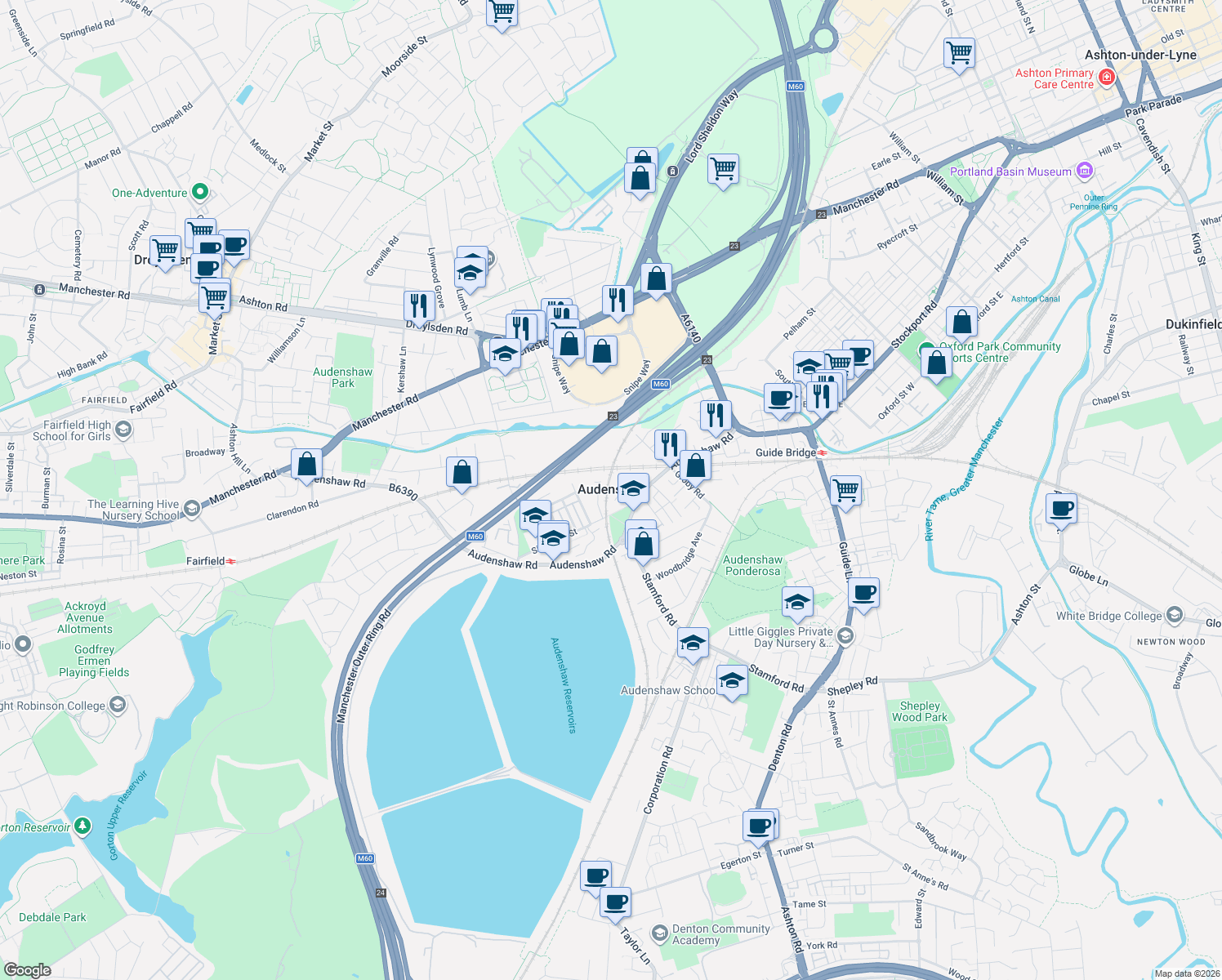 map of restaurants, bars, coffee shops, grocery stores, and more near Manchester Road in Denton