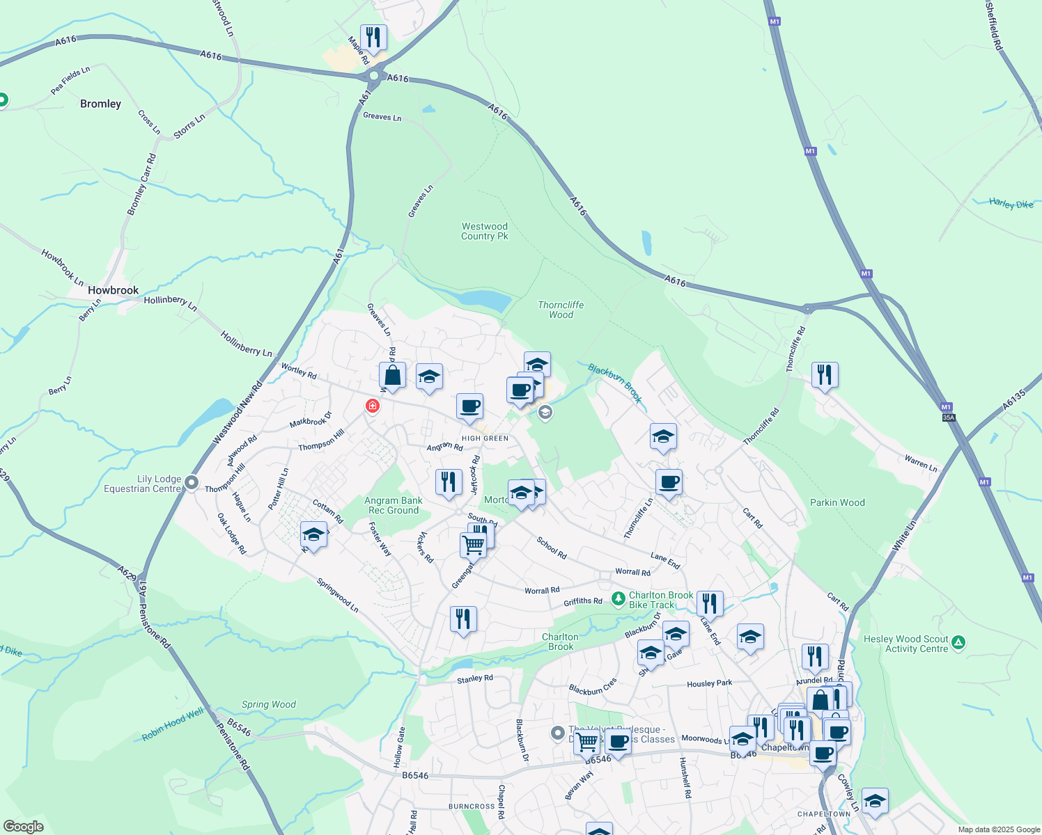 map of restaurants, bars, coffee shops, grocery stores, and more near Pack Horse Lane in South Yorkshire