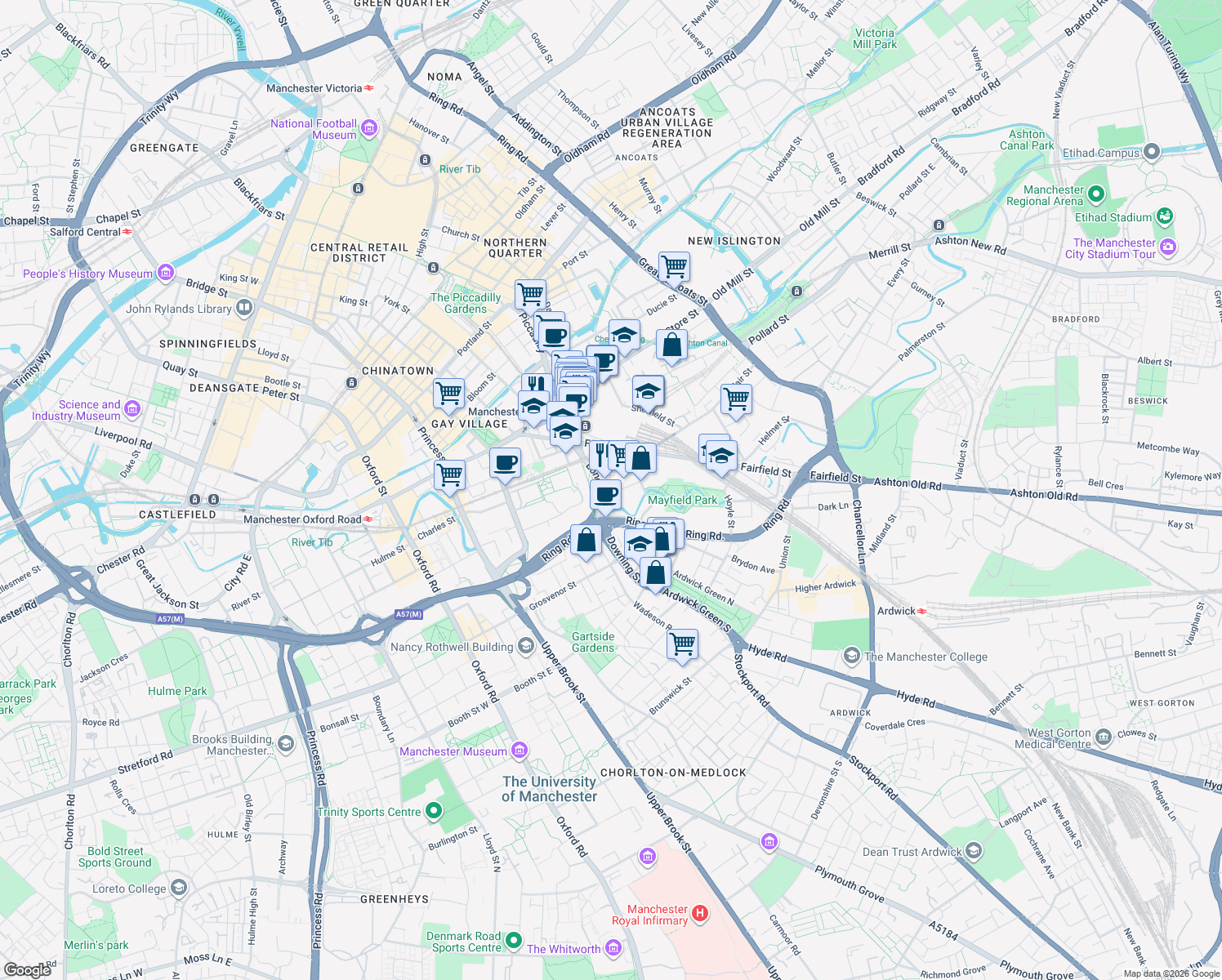 map of restaurants, bars, coffee shops, grocery stores, and more near Berry Street in Greater Manchester