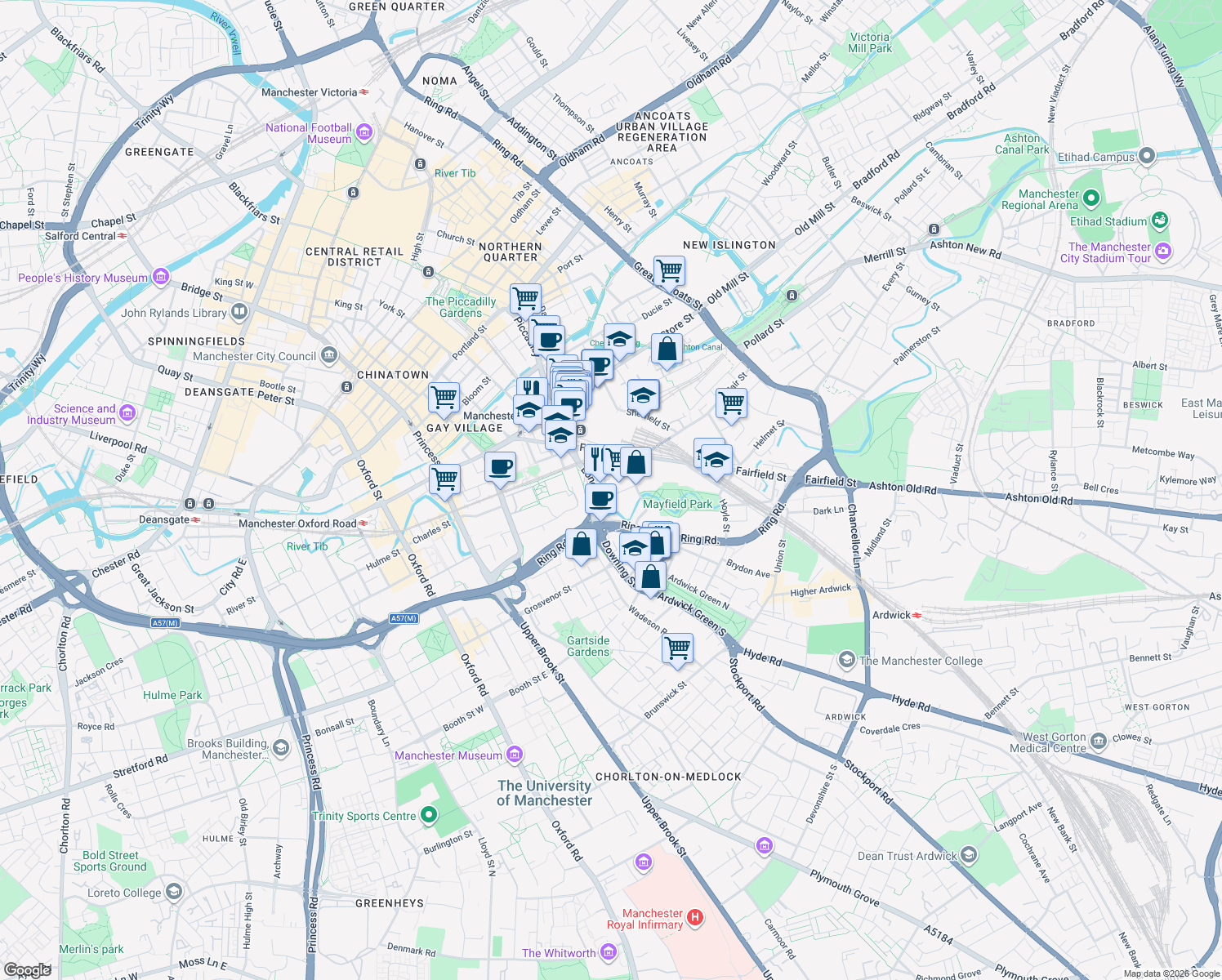 map of restaurants, bars, coffee shops, grocery stores, and more near Berry Street in Greater Manchester