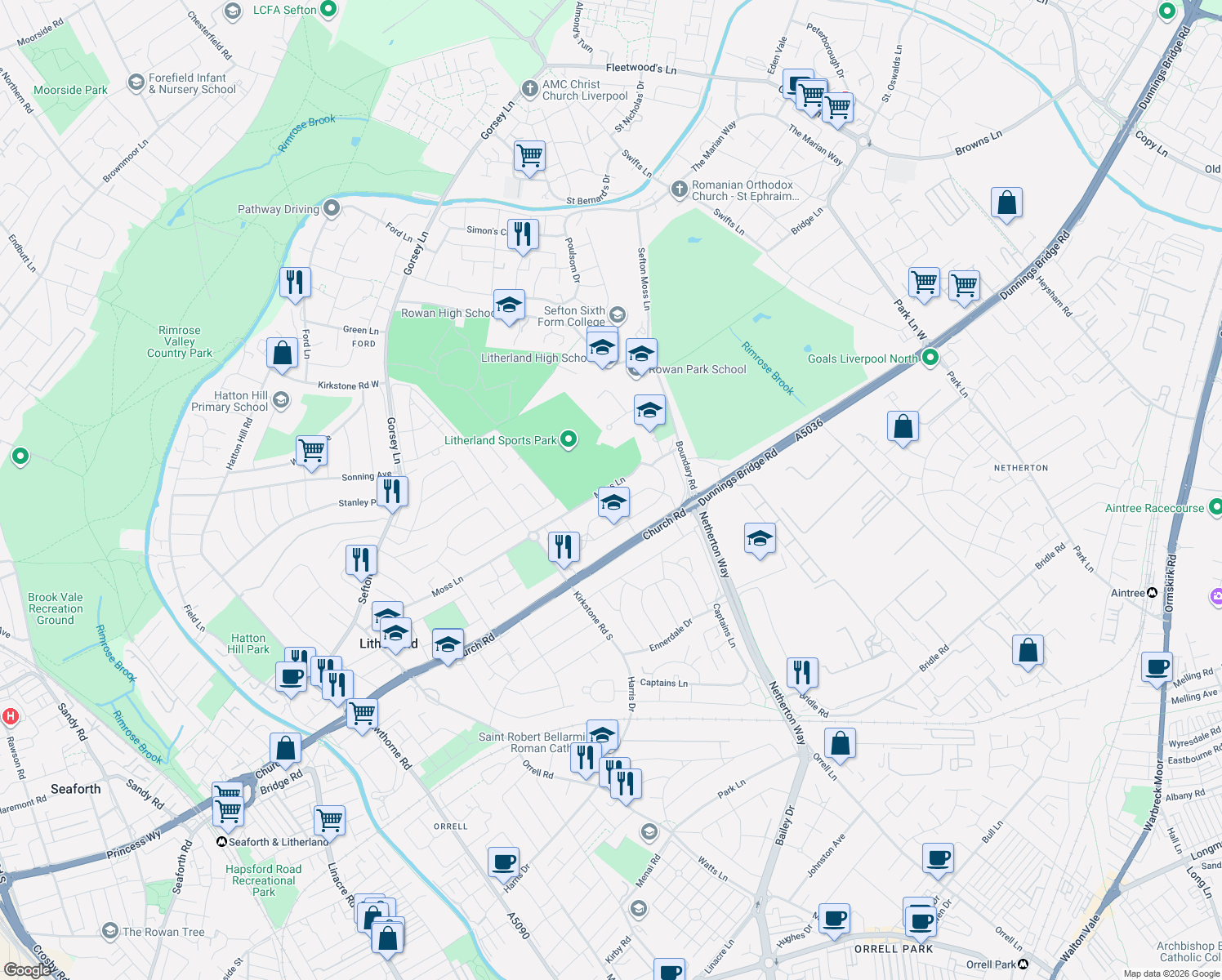 map of restaurants, bars, coffee shops, grocery stores, and more near 140 Moss Lane in Litherland