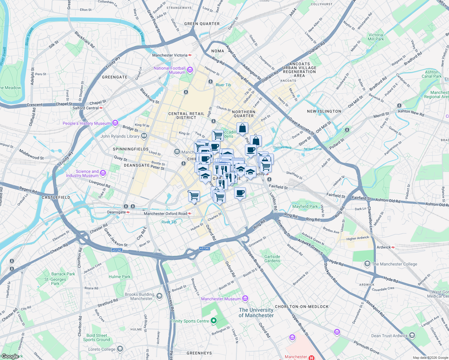 map of restaurants, bars, coffee shops, grocery stores, and more near 40 Sackville Street in Greater Manchester