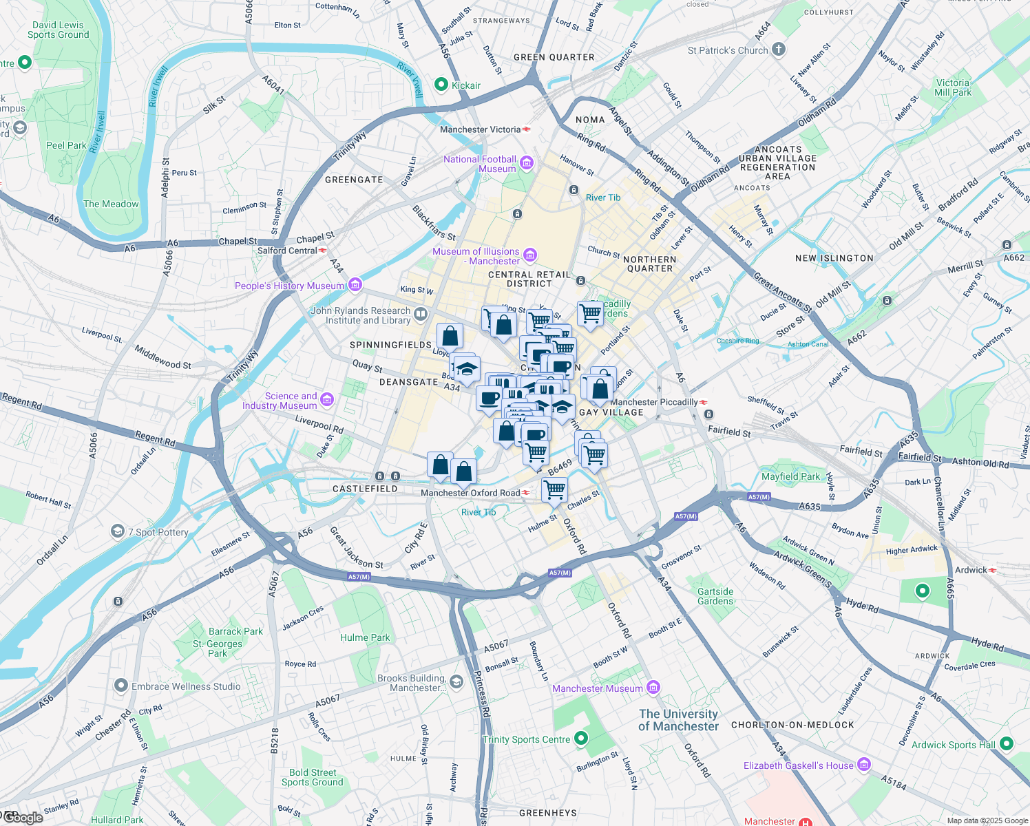 map of restaurants, bars, coffee shops, grocery stores, and more near 1 Oxford Street in Greater Manchester