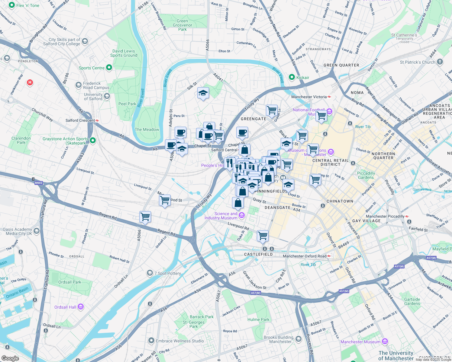 map of restaurants, bars, coffee shops, grocery stores, and more near 7 Stanley Street in Greater Manchester