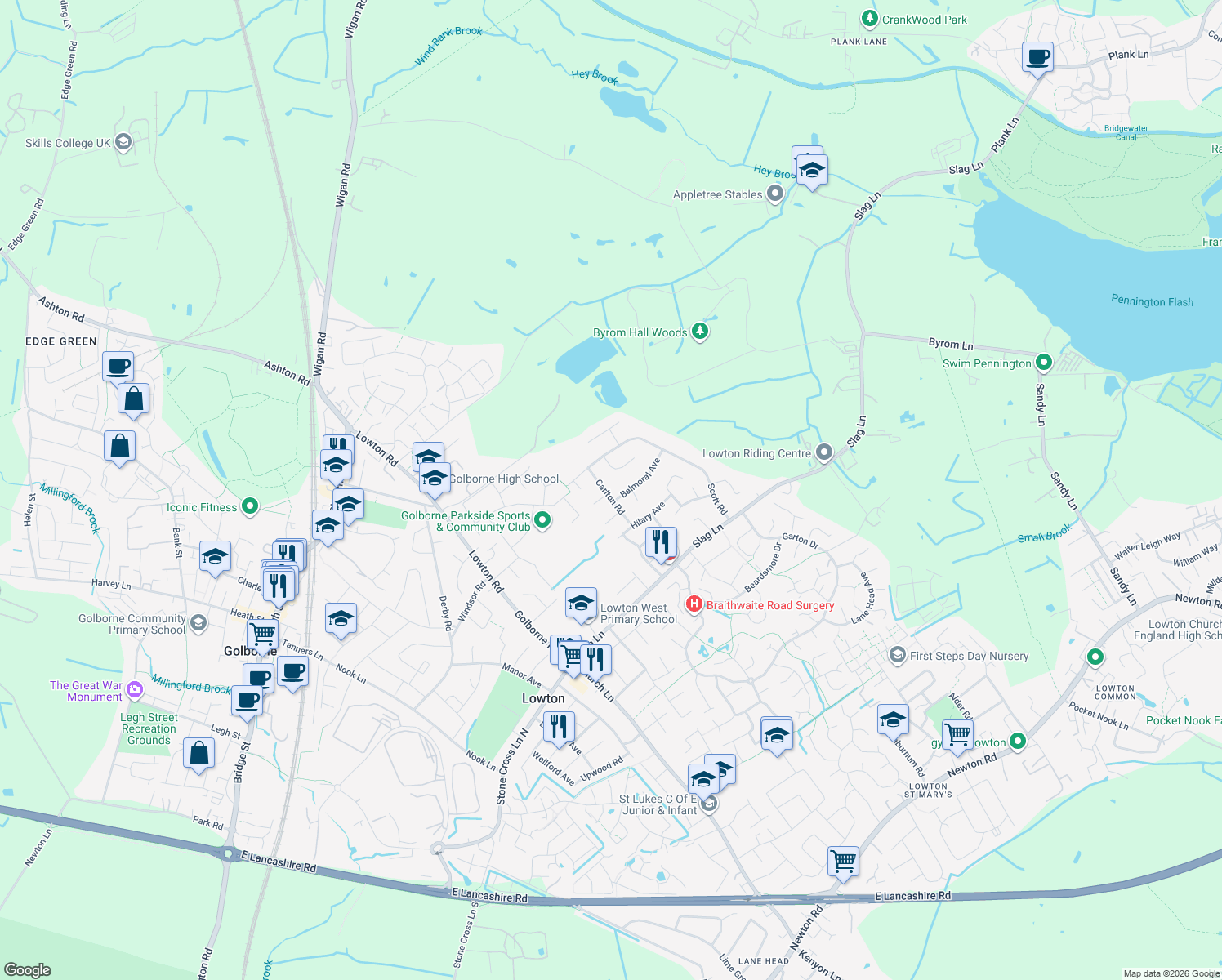 map of restaurants, bars, coffee shops, grocery stores, and more near Carlton Road in Lowton