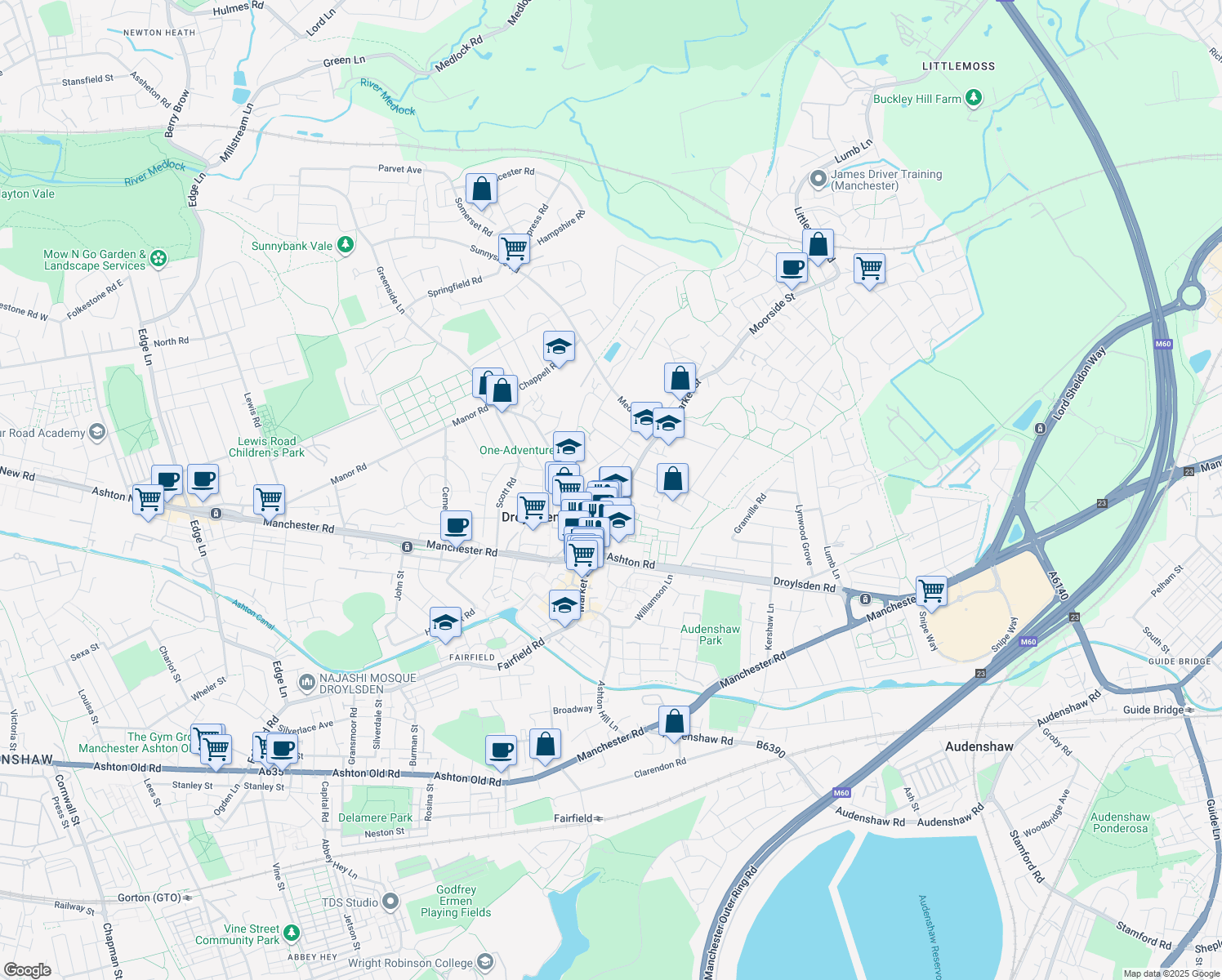 map of restaurants, bars, coffee shops, grocery stores, and more near Market Street in Droylsden