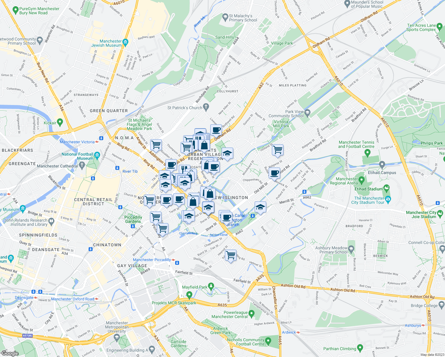 map of restaurants, bars, coffee shops, grocery stores, and more near New Union Street in Greater Manchester