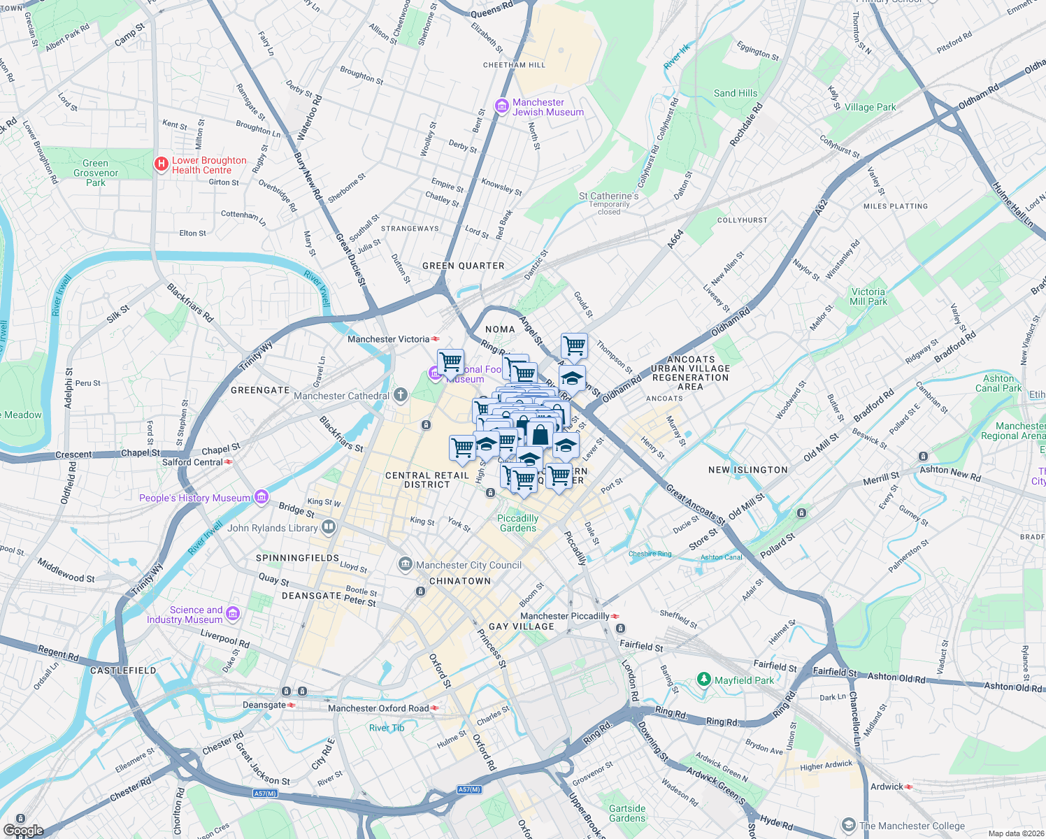 map of restaurants, bars, coffee shops, grocery stores, and more near 101 High Street in Greater Manchester