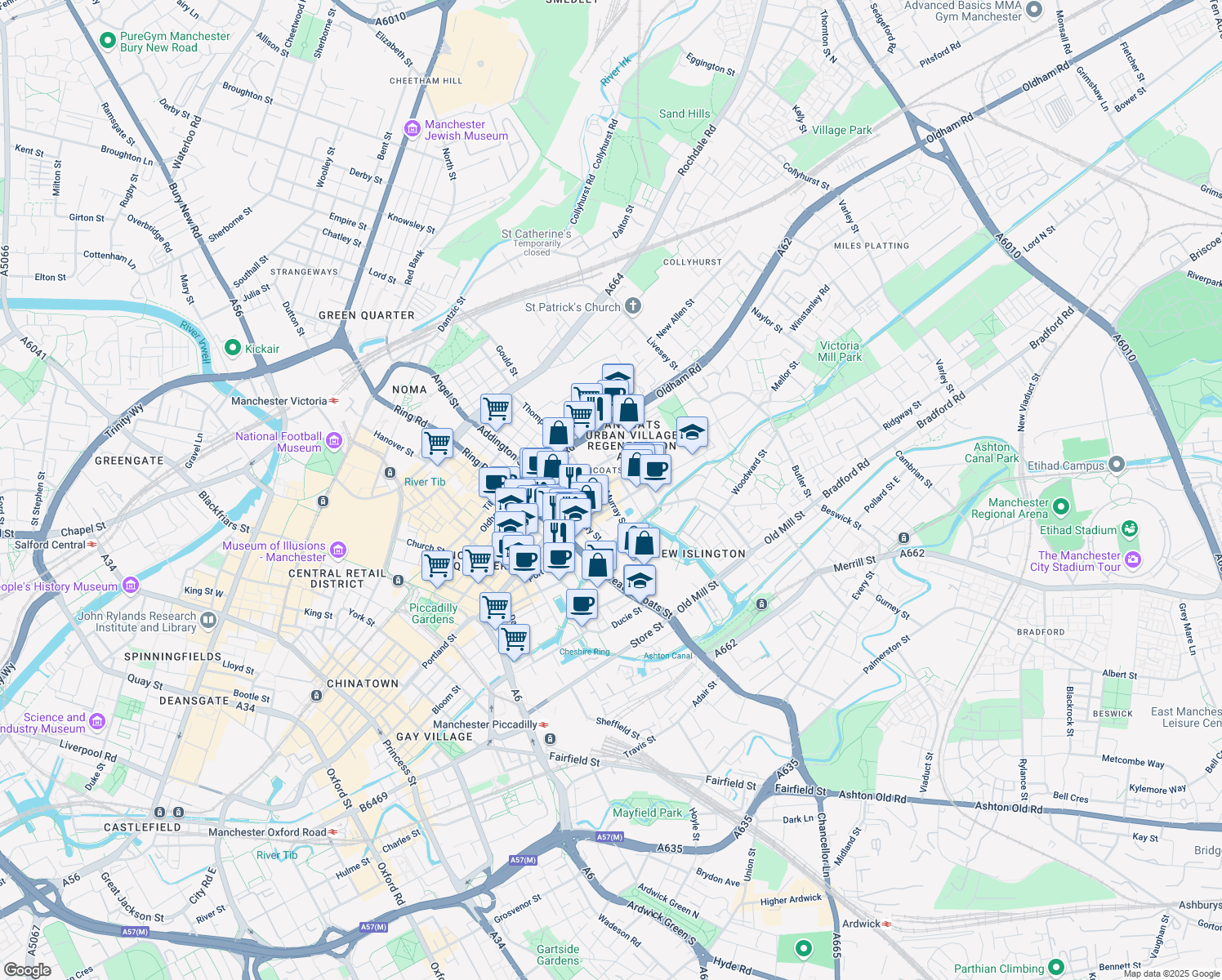 map of restaurants, bars, coffee shops, grocery stores, and more near 3 Murray Street in Greater Manchester