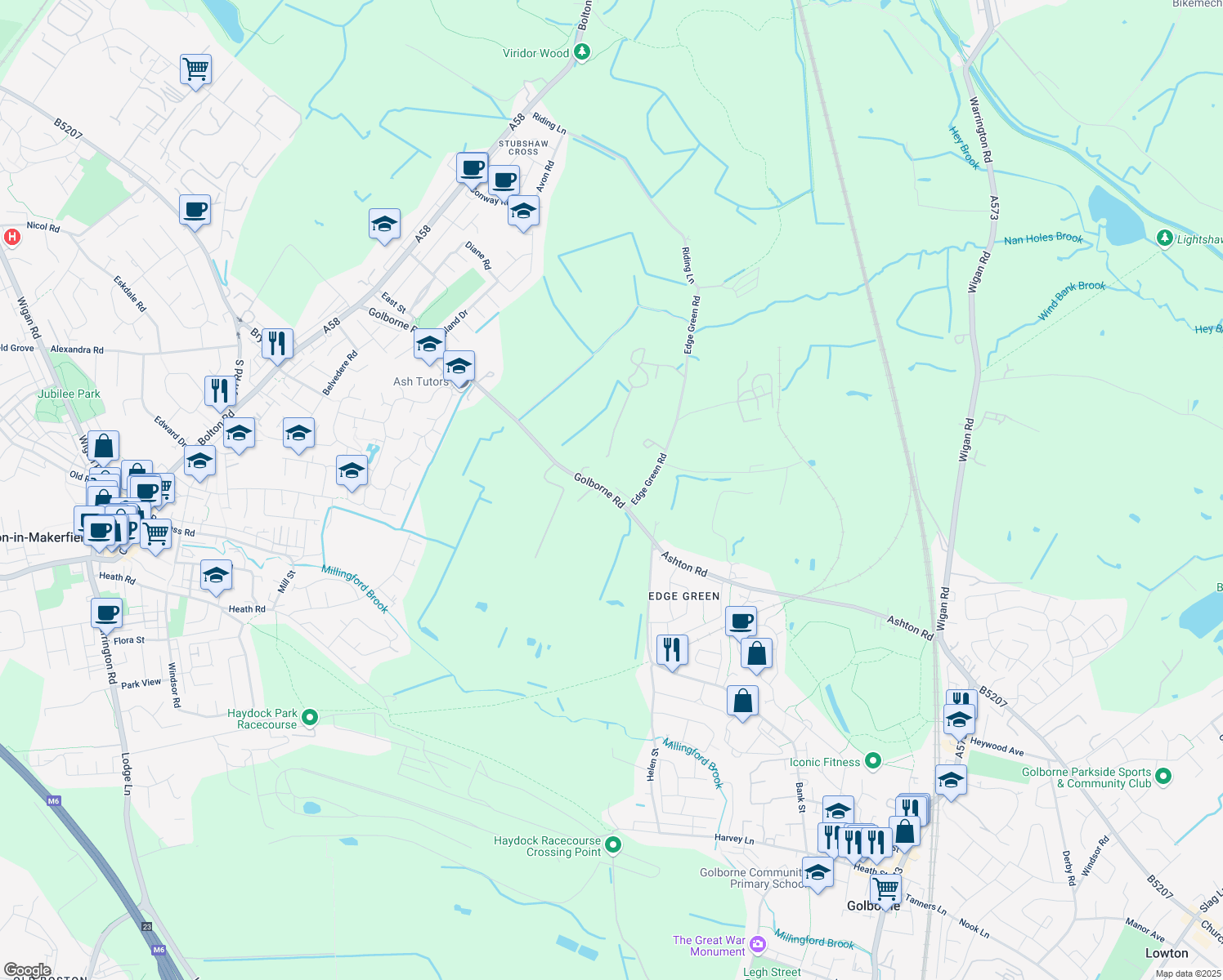 map of restaurants, bars, coffee shops, grocery stores, and more near Golborne Road in Ashton-in-Makerfield