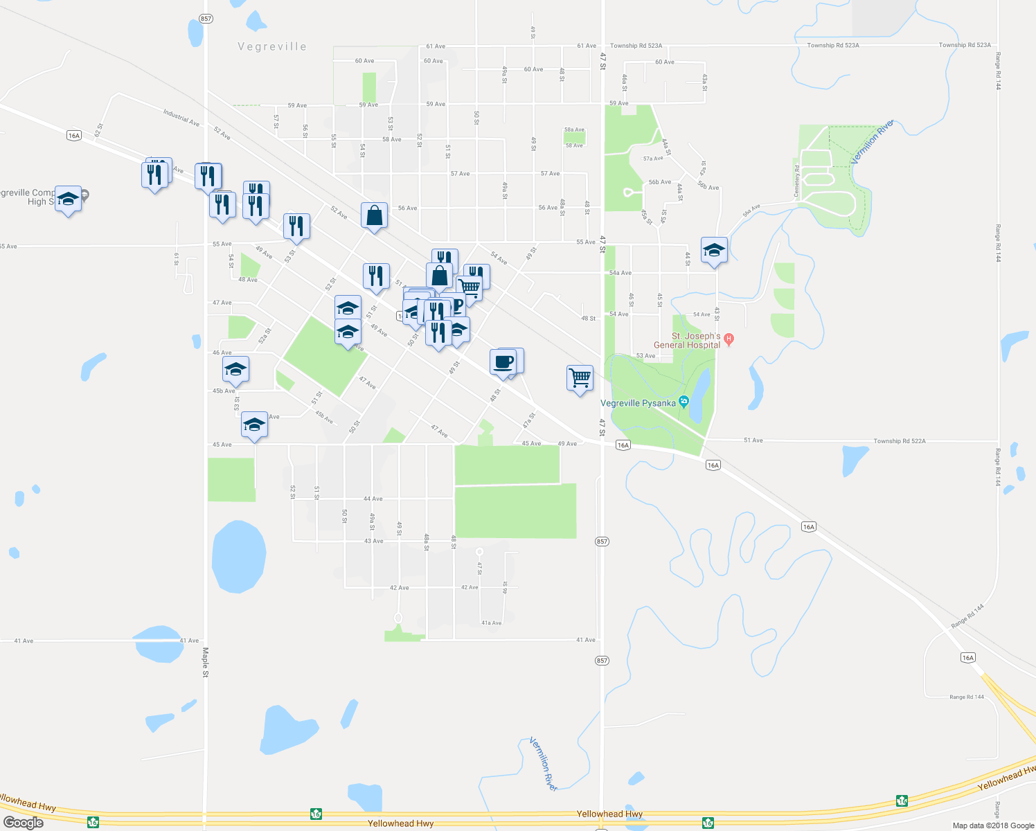 map of restaurants, bars, coffee shops, grocery stores, and more near 4770 49 Avenue in Vegreville