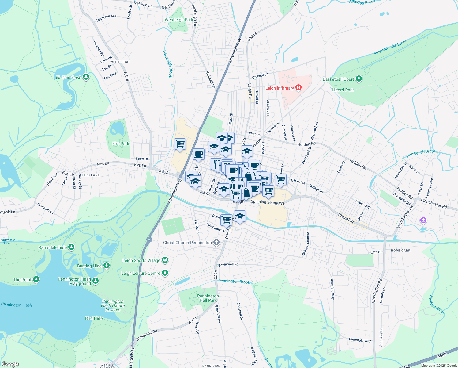 map of restaurants, bars, coffee shops, grocery stores, and more near Stringer Street in Greater Manchester