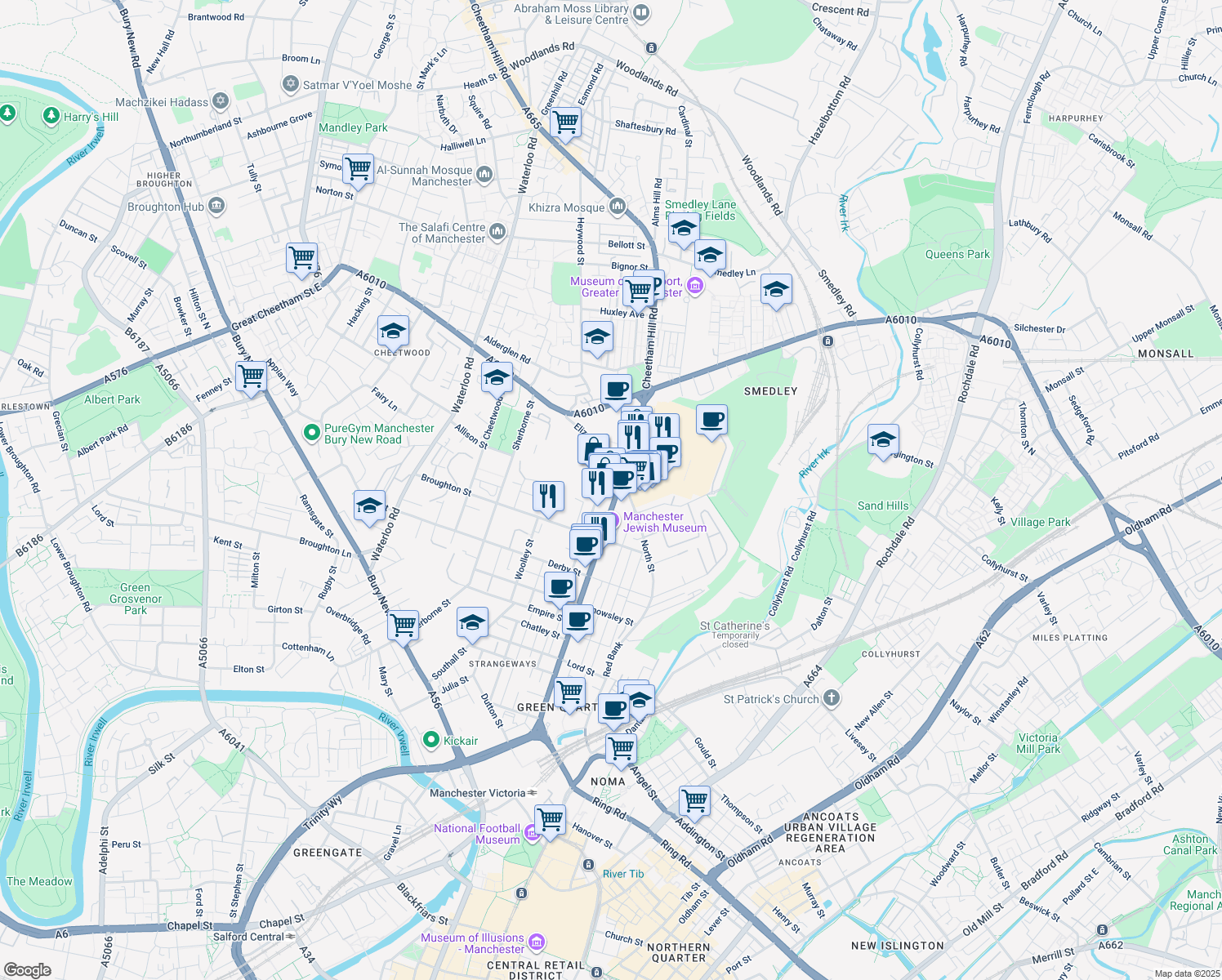 map of restaurants, bars, coffee shops, grocery stores, and more near 173 Cheetham Hill Road in Greater Manchester