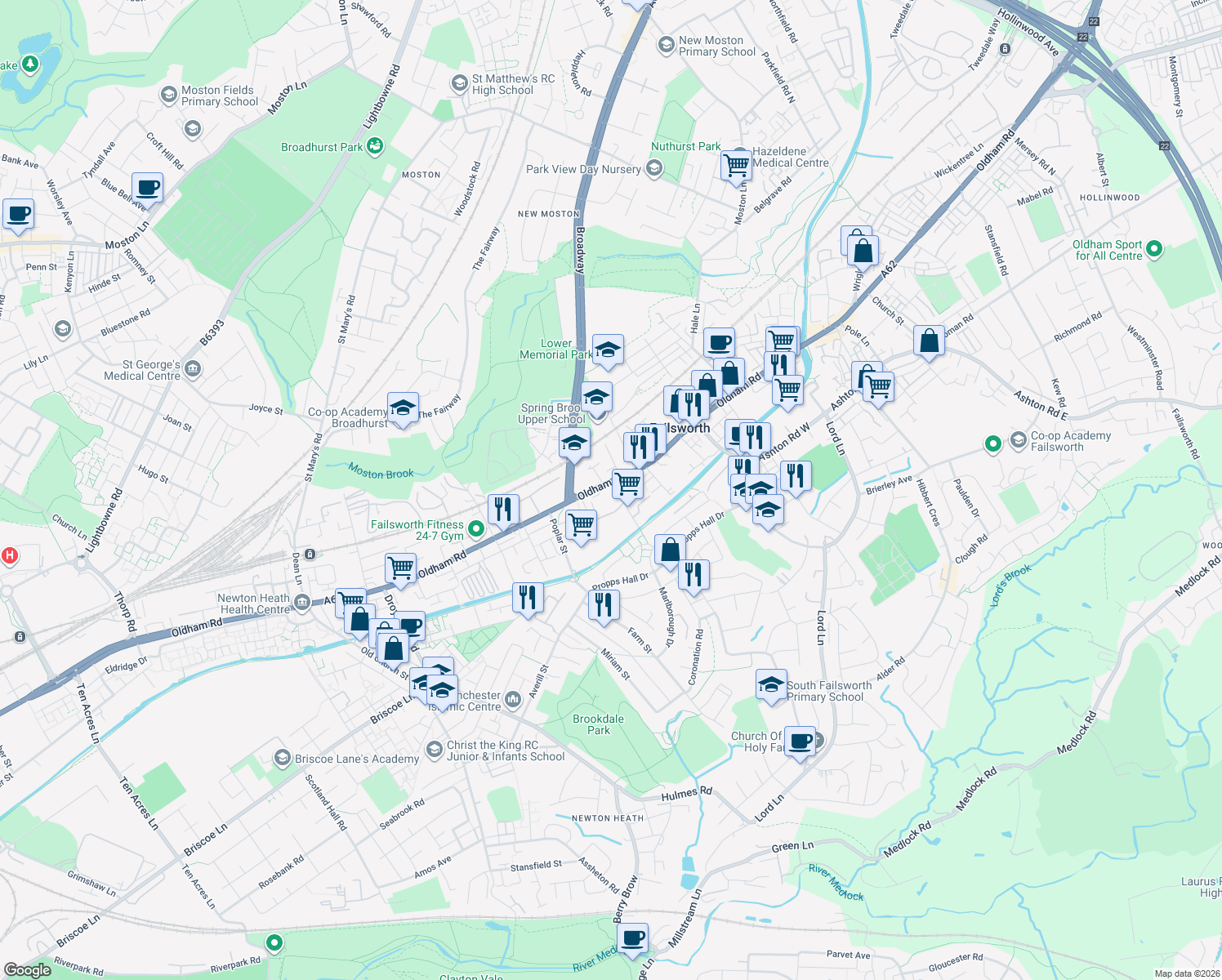 map of restaurants, bars, coffee shops, grocery stores, and more near in Failsworth