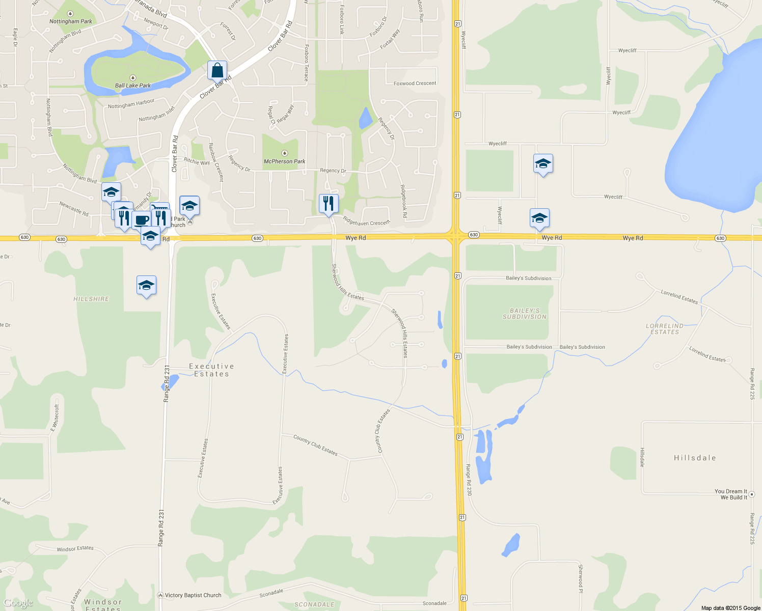 map of restaurants, bars, coffee shops, grocery stores, and more near Sherwood Hills Estates in Sherwood Park