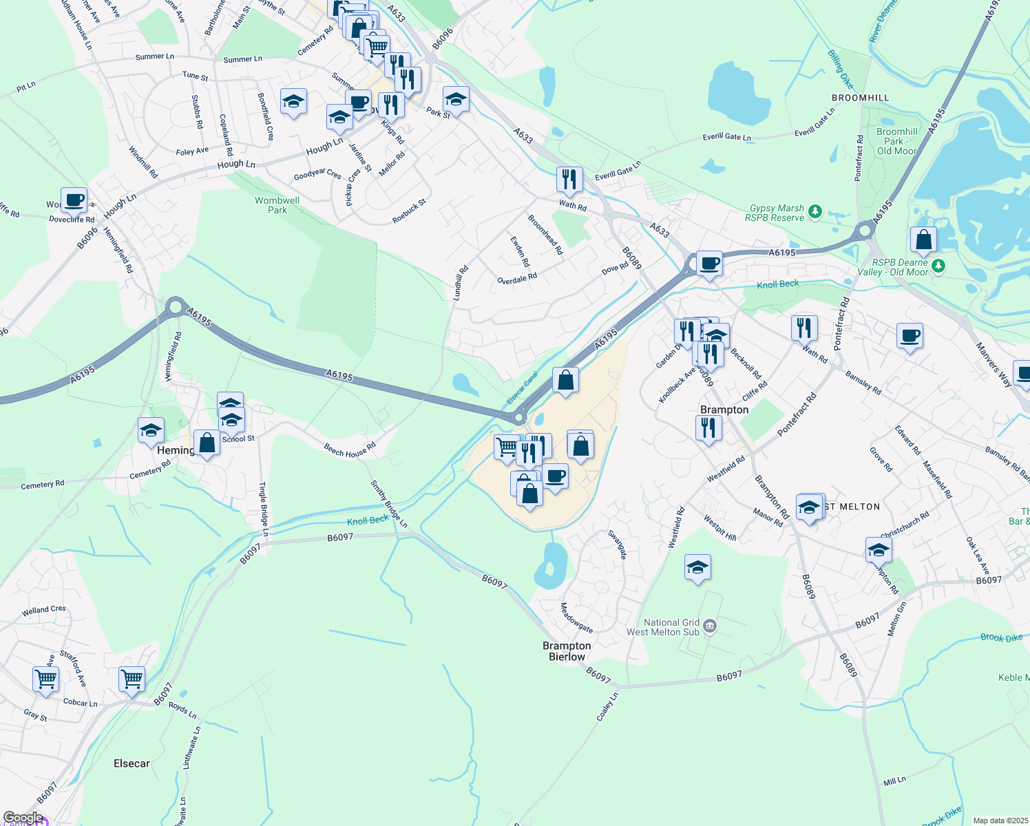 map of restaurants, bars, coffee shops, grocery stores, and more near Cortonwood Roundabout in South Yorkshire