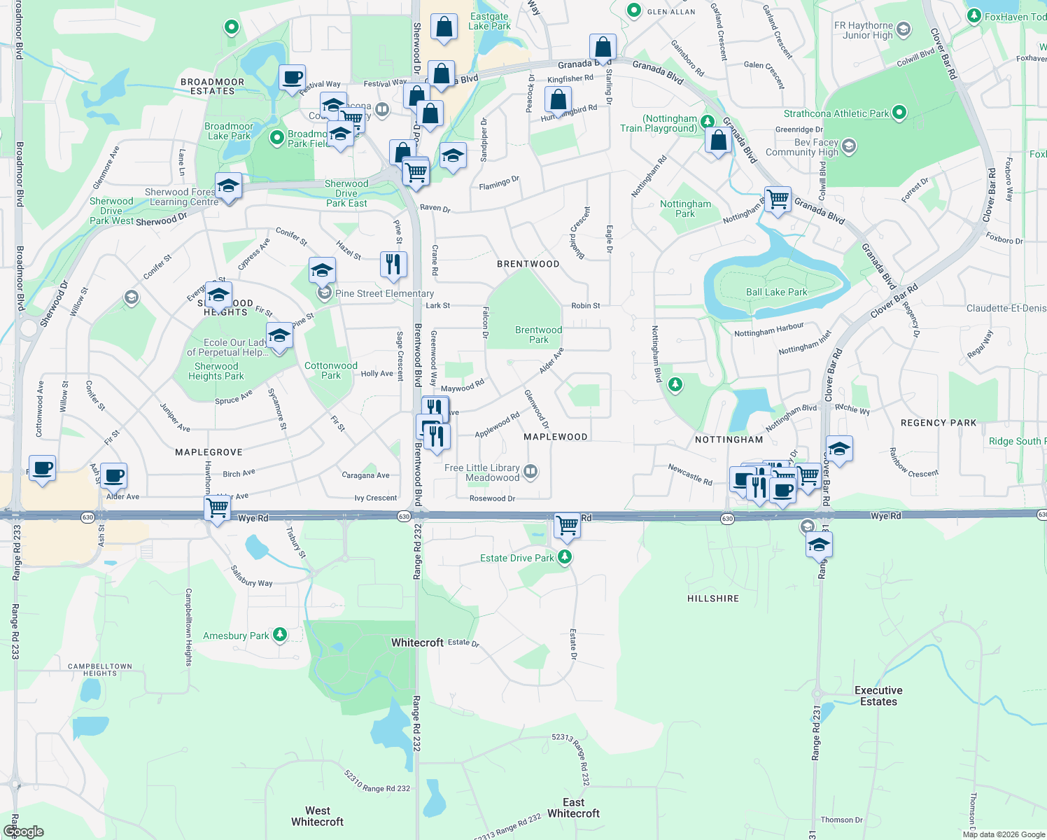 map of restaurants, bars, coffee shops, grocery stores, and more near 64 Meadowood Crescent in Sherwood Park