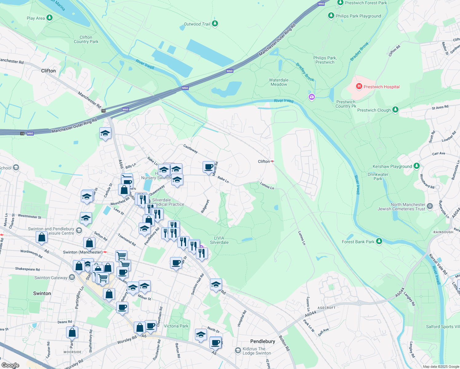 map of restaurants, bars, coffee shops, grocery stores, and more near Rake Lane in Clifton