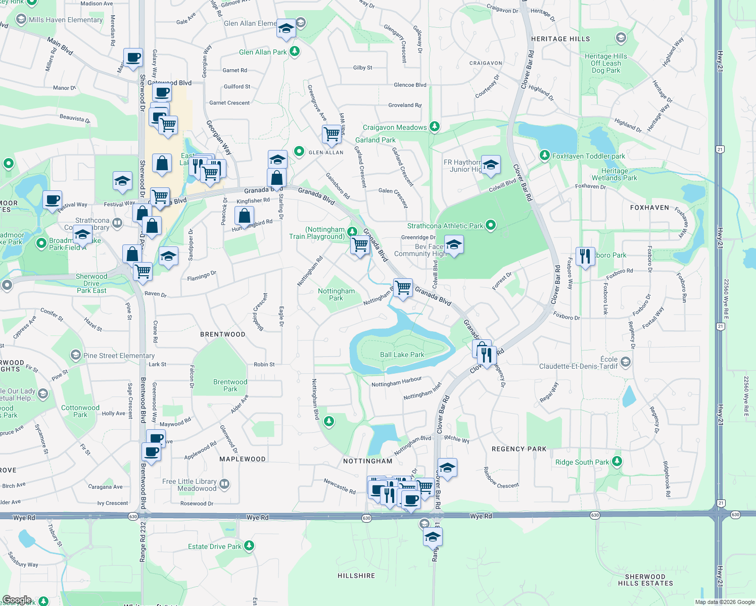 map of restaurants, bars, coffee shops, grocery stores, and more near 3 Nottingham Boulevard in Sherwood Park