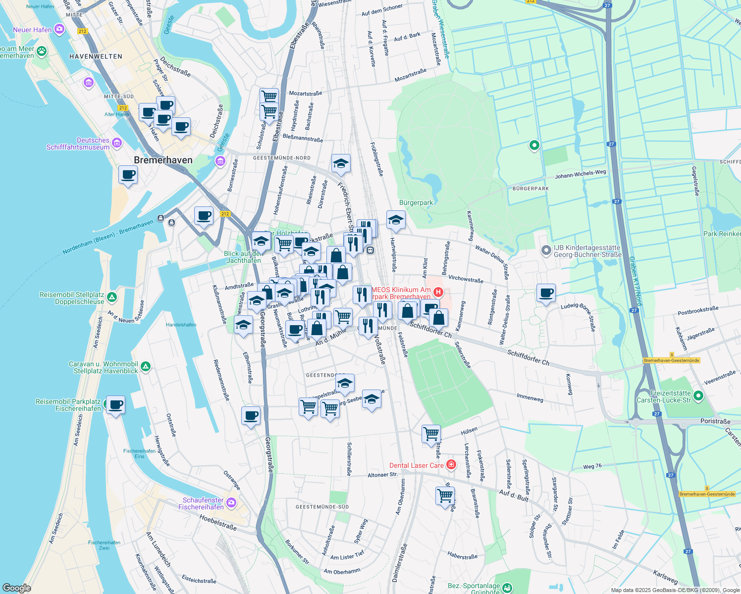 map of restaurants, bars, coffee shops, grocery stores, and more near 4 Elsässer Straße in Bremerhaven