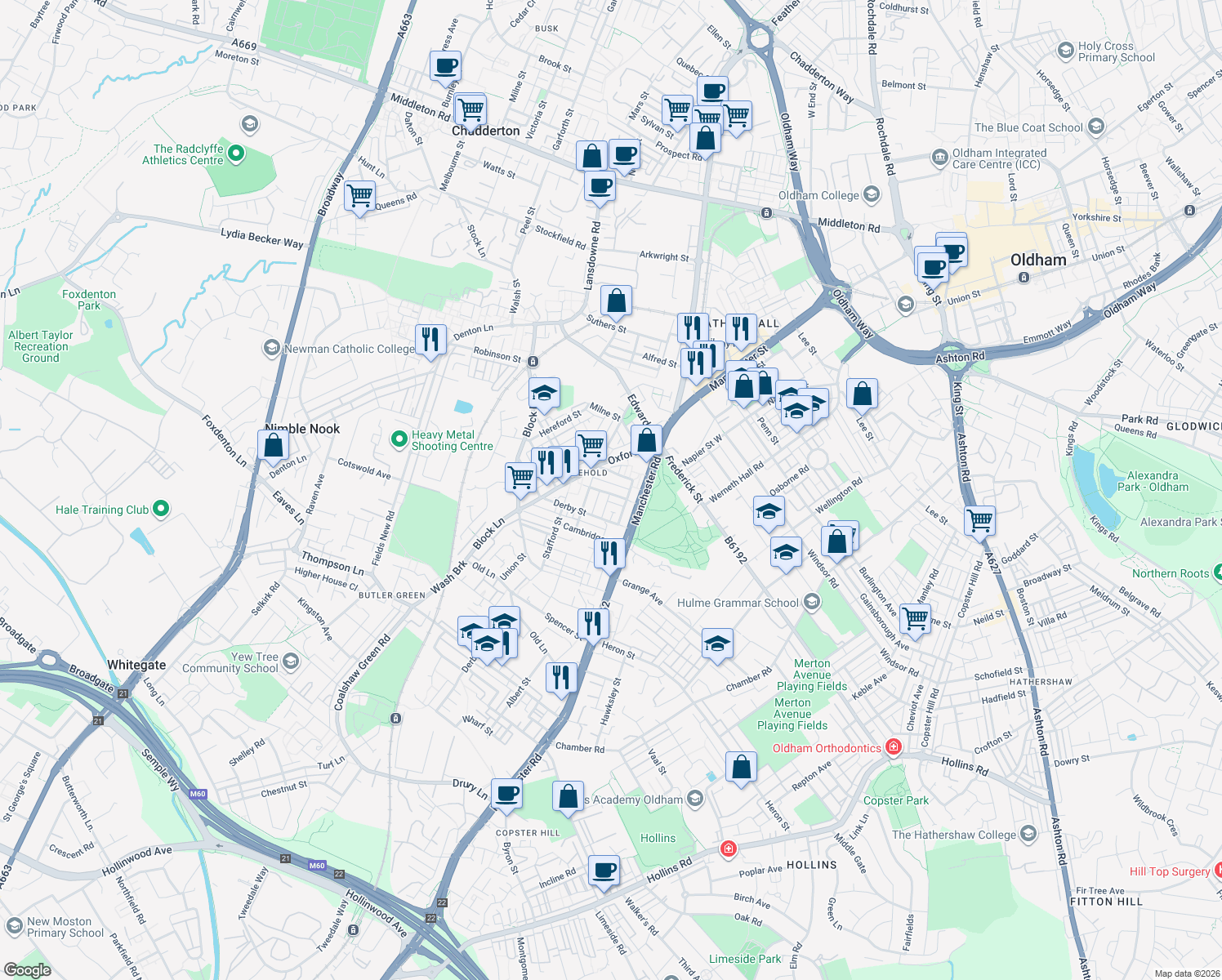 map of restaurants, bars, coffee shops, grocery stores, and more near Chester Street in Greater Manchester