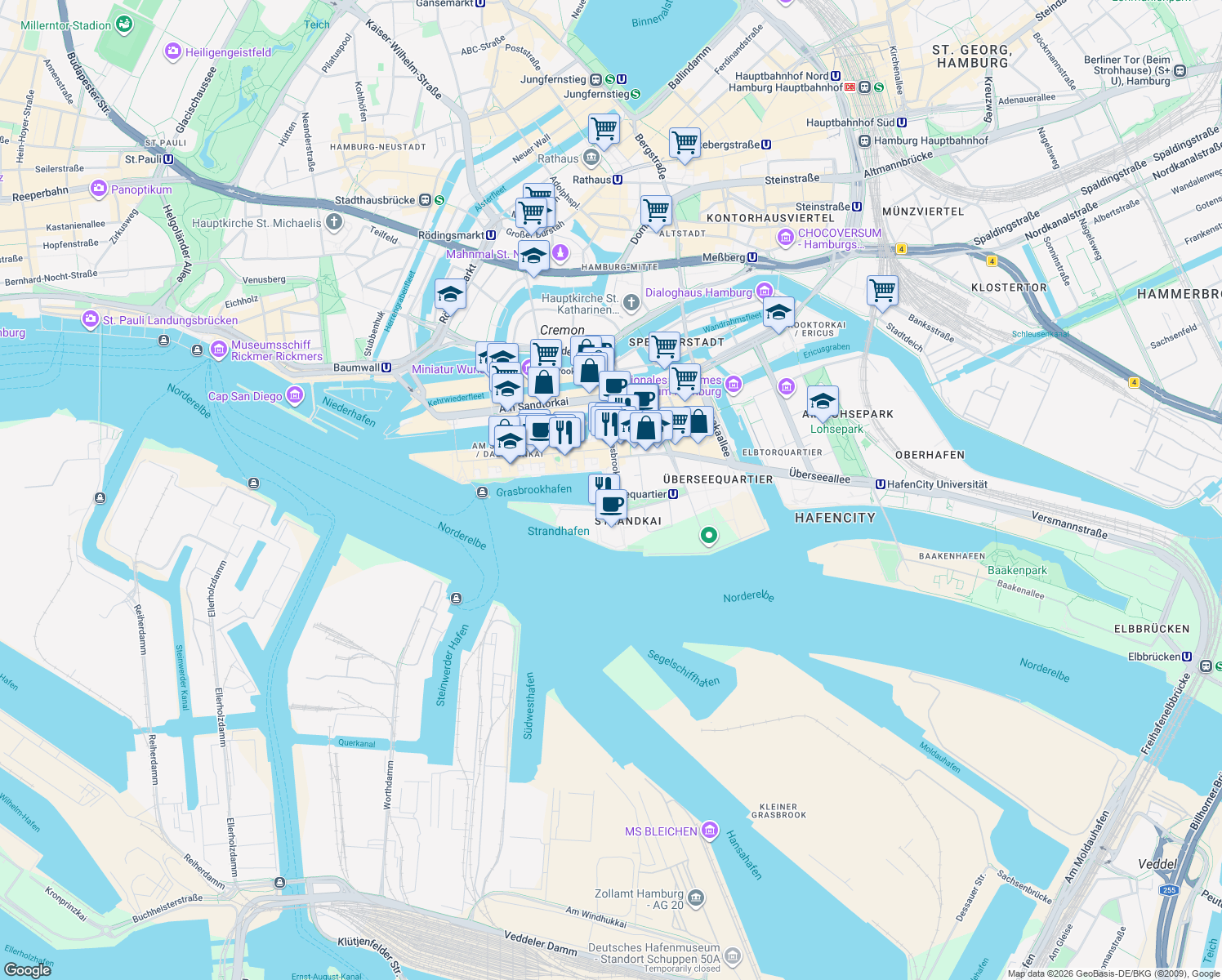 map of restaurants, bars, coffee shops, grocery stores, and more near Marco-Polo-Terrassen in Hamburg