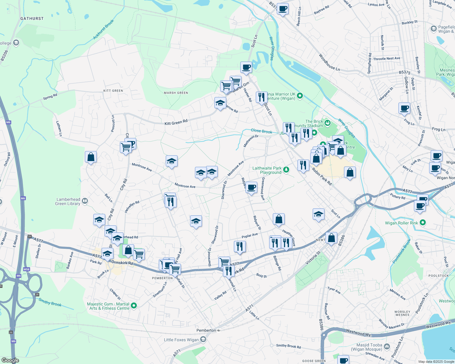 map of restaurants, bars, coffee shops, grocery stores, and more near 125 Sherwood Drive in Greater Manchester