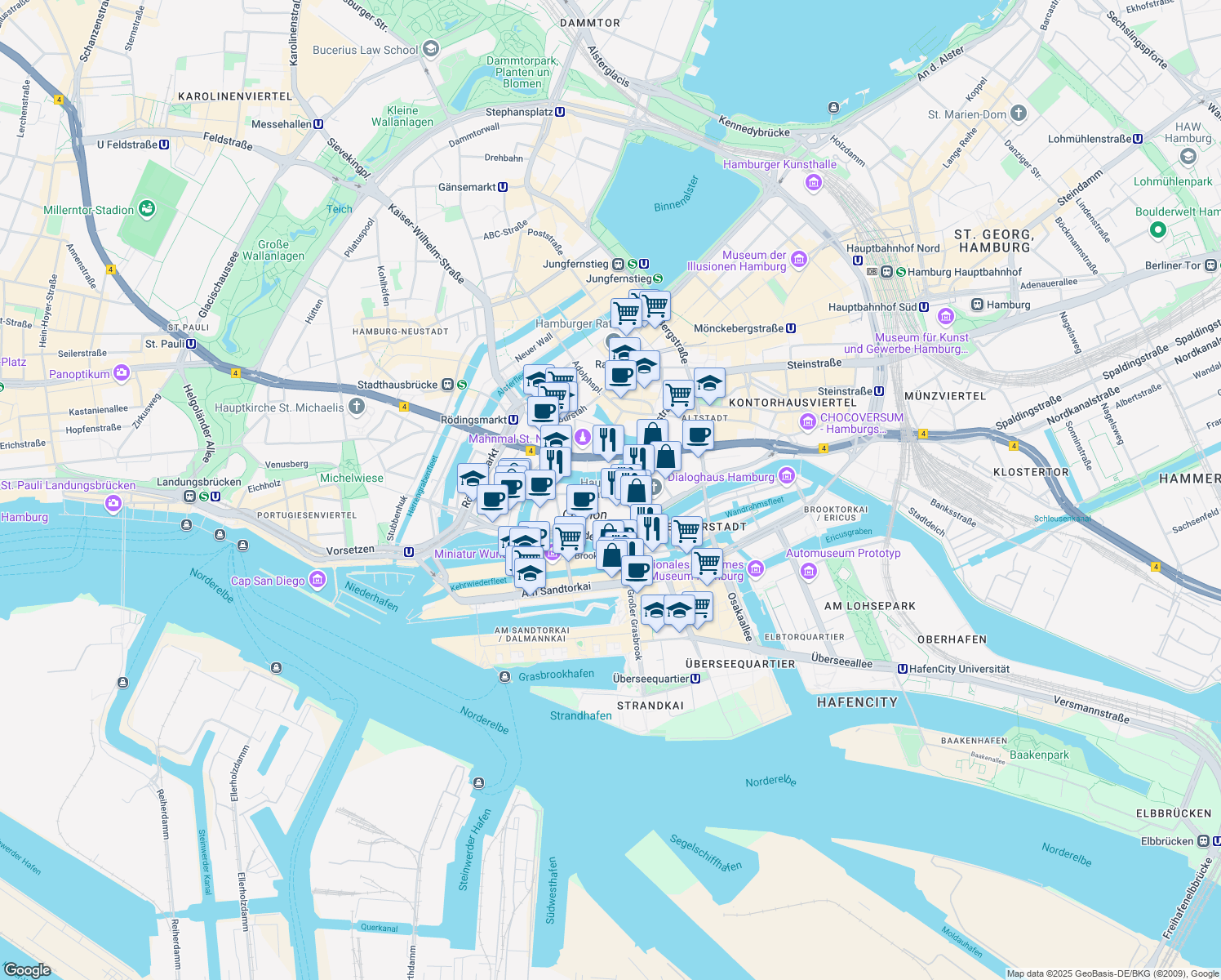map of restaurants, bars, coffee shops, grocery stores, and more near 23-25 Katharinenstraße in Hamburg