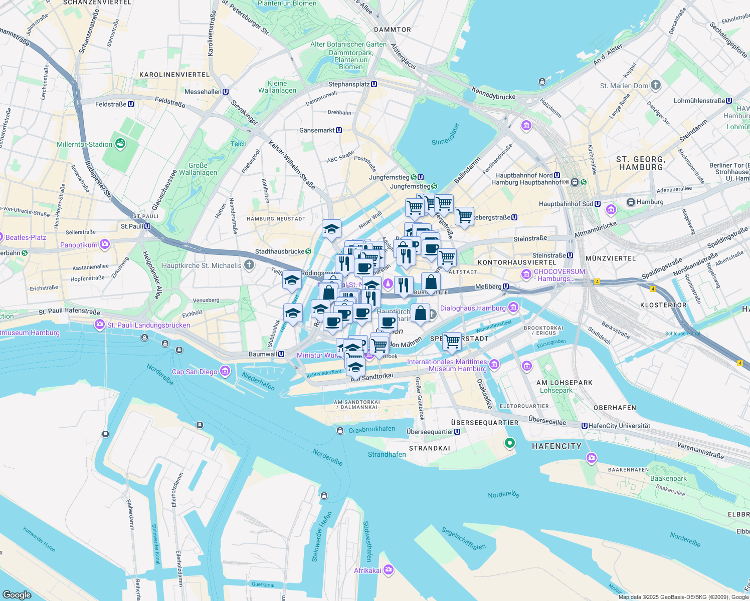 map of restaurants, bars, coffee shops, grocery stores, and more near 69 Willy-Brandt-Straße in Hamburg
