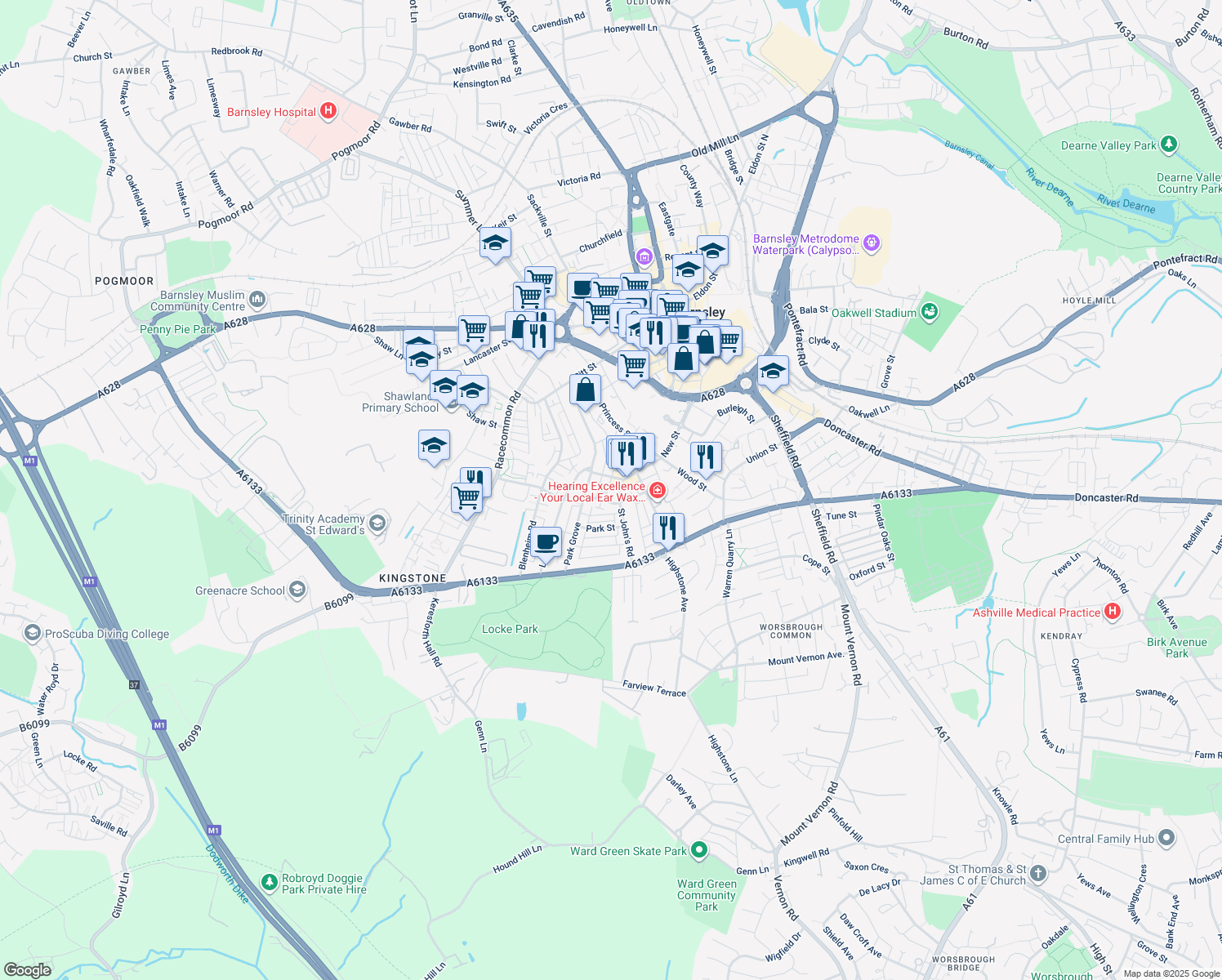map of restaurants, bars, coffee shops, grocery stores, and more near Spring Street in South Yorkshire