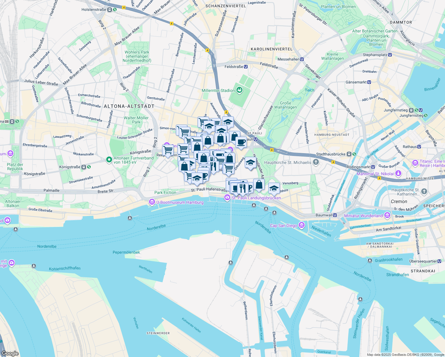 map of restaurants, bars, coffee shops, grocery stores, and more near 2 Zirkusweg in Hamburg