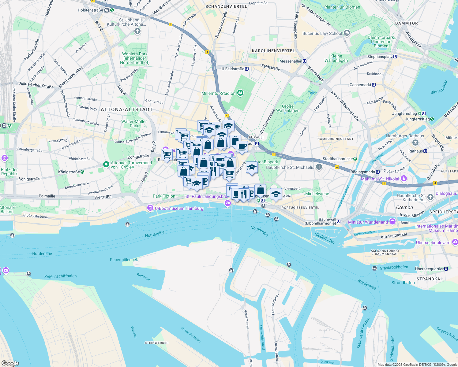 map of restaurants, bars, coffee shops, grocery stores, and more near 2 Zirkusweg in Hamburg