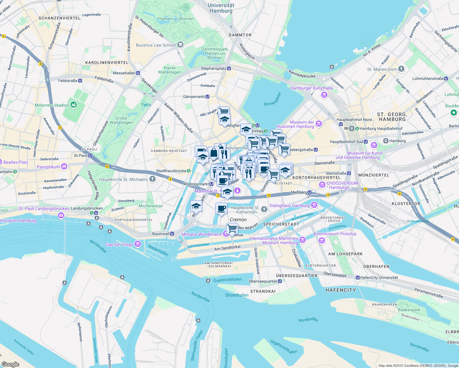 map of restaurants, bars, coffee shops, grocery stores, and more near Großer Burstah in Hamburg