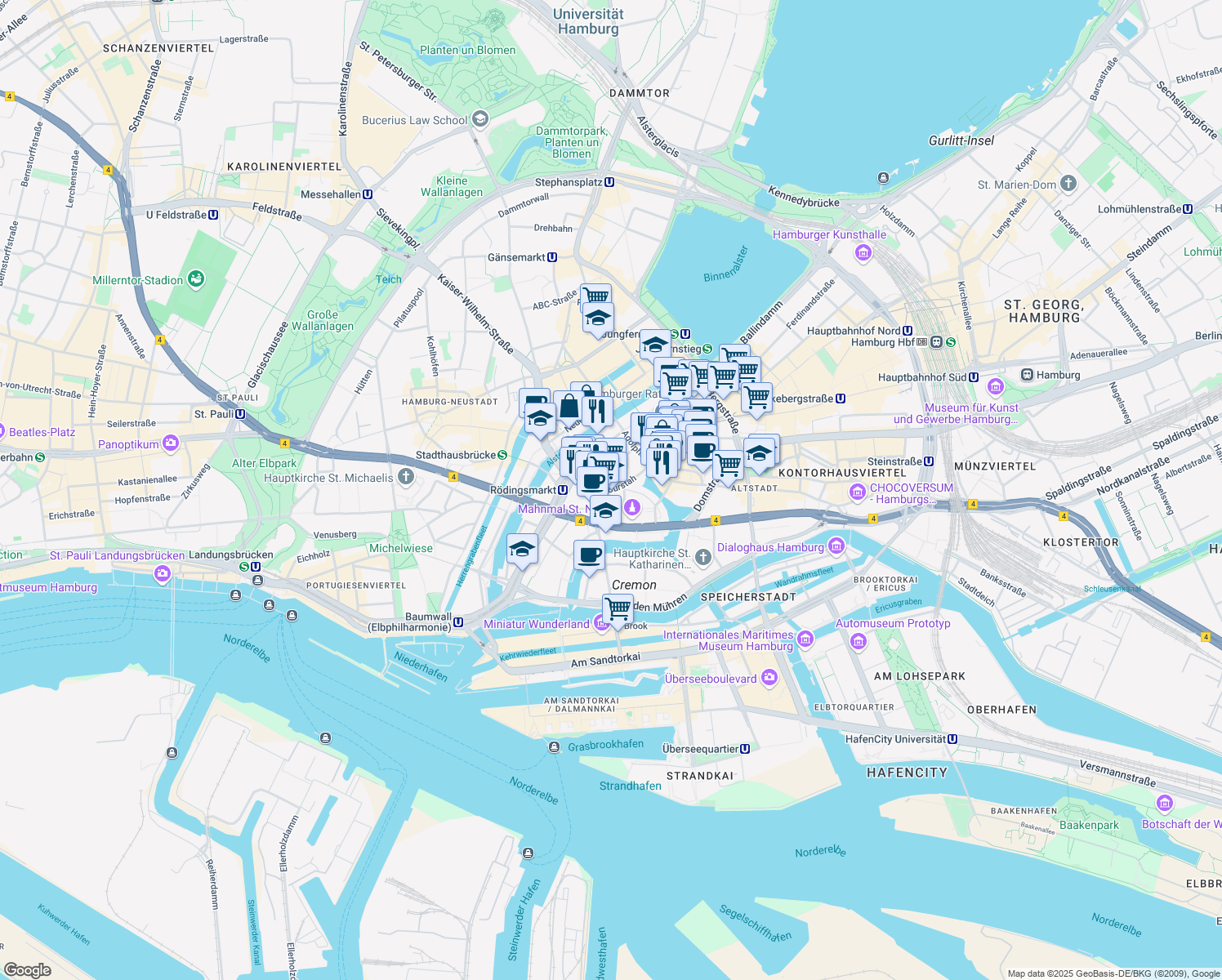 map of restaurants, bars, coffee shops, grocery stores, and more near Großer Burstah in Hamburg