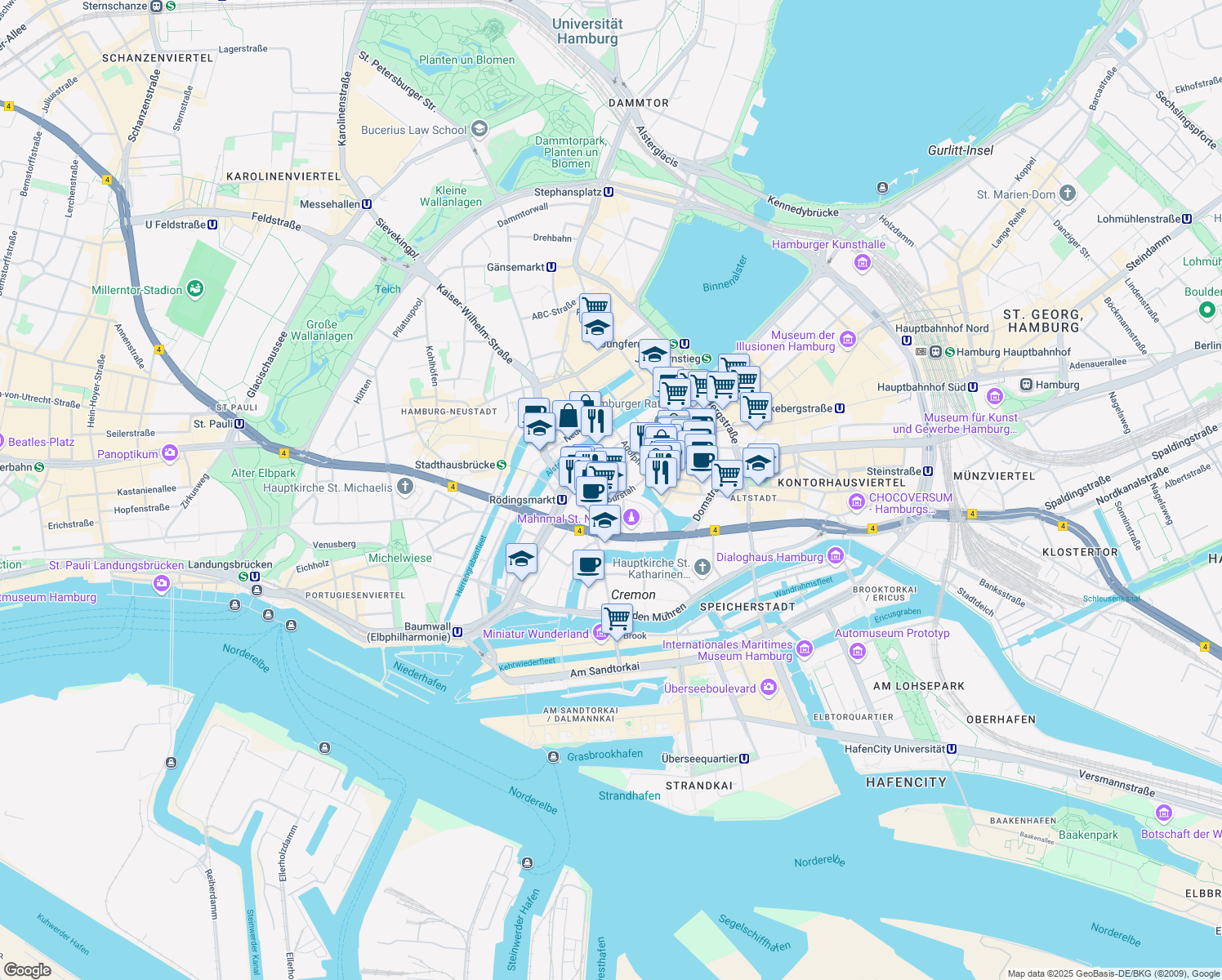 map of restaurants, bars, coffee shops, grocery stores, and more near 18 Großer Burstah in Hamburg