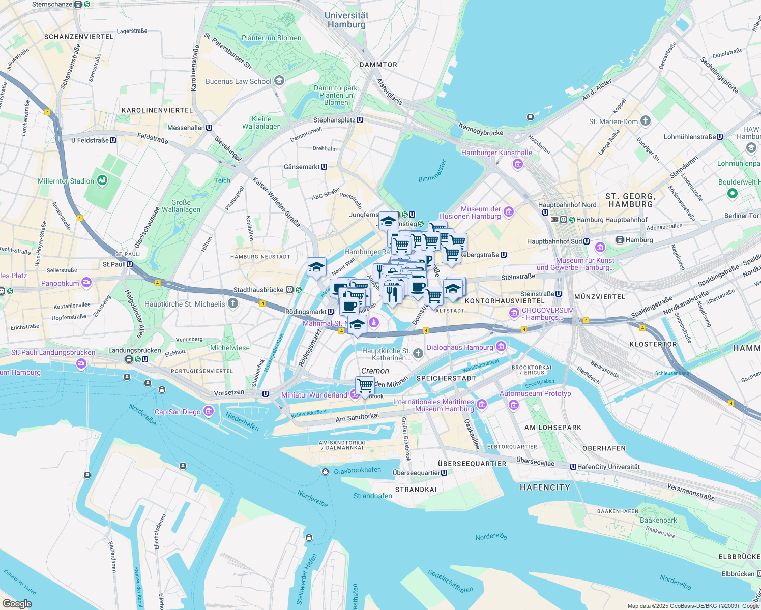 map of restaurants, bars, coffee shops, grocery stores, and more near 1 Großer Burstah in Hamburg