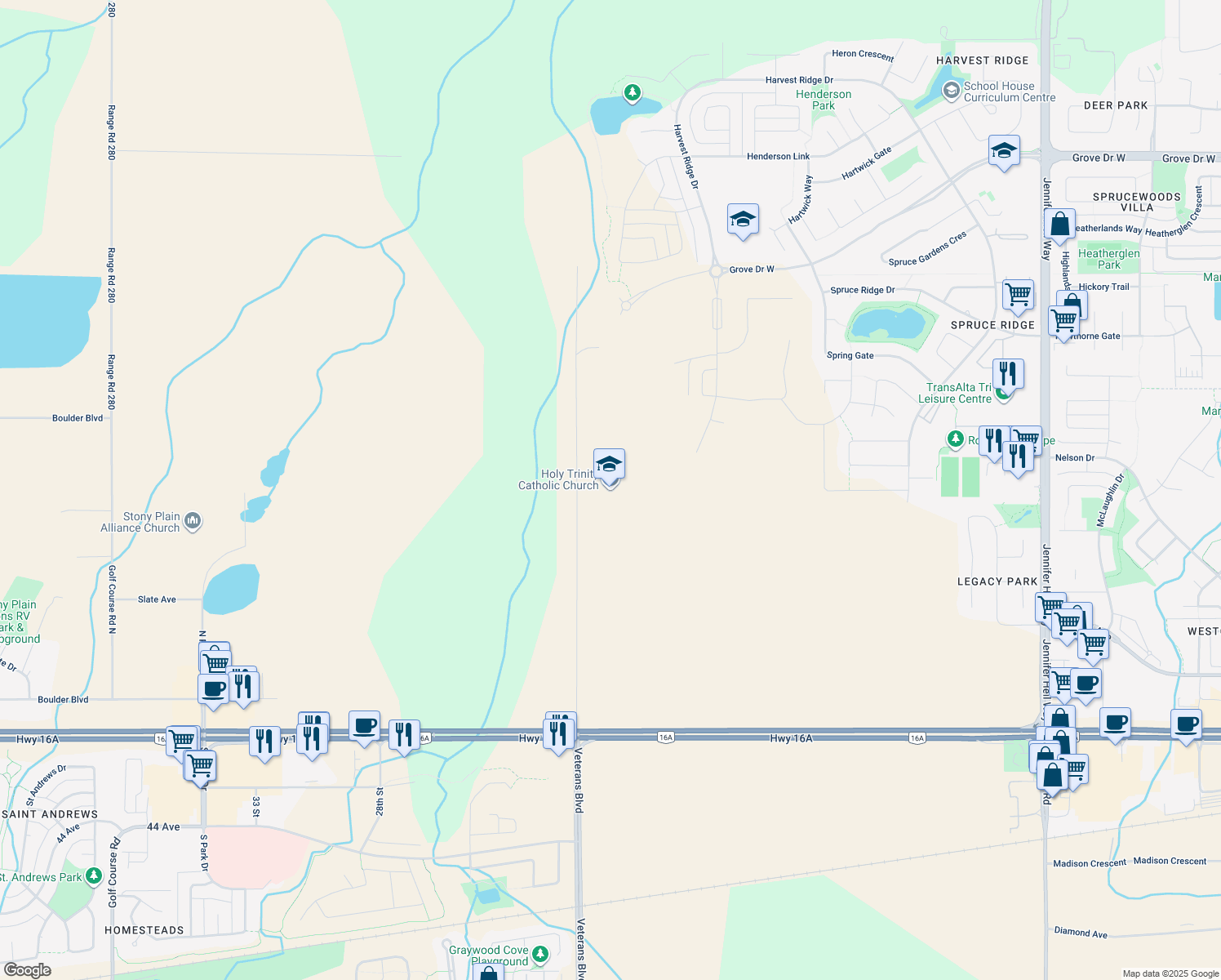 map of restaurants, bars, coffee shops, grocery stores, and more near 200 Boundary Road in Spruce Grove