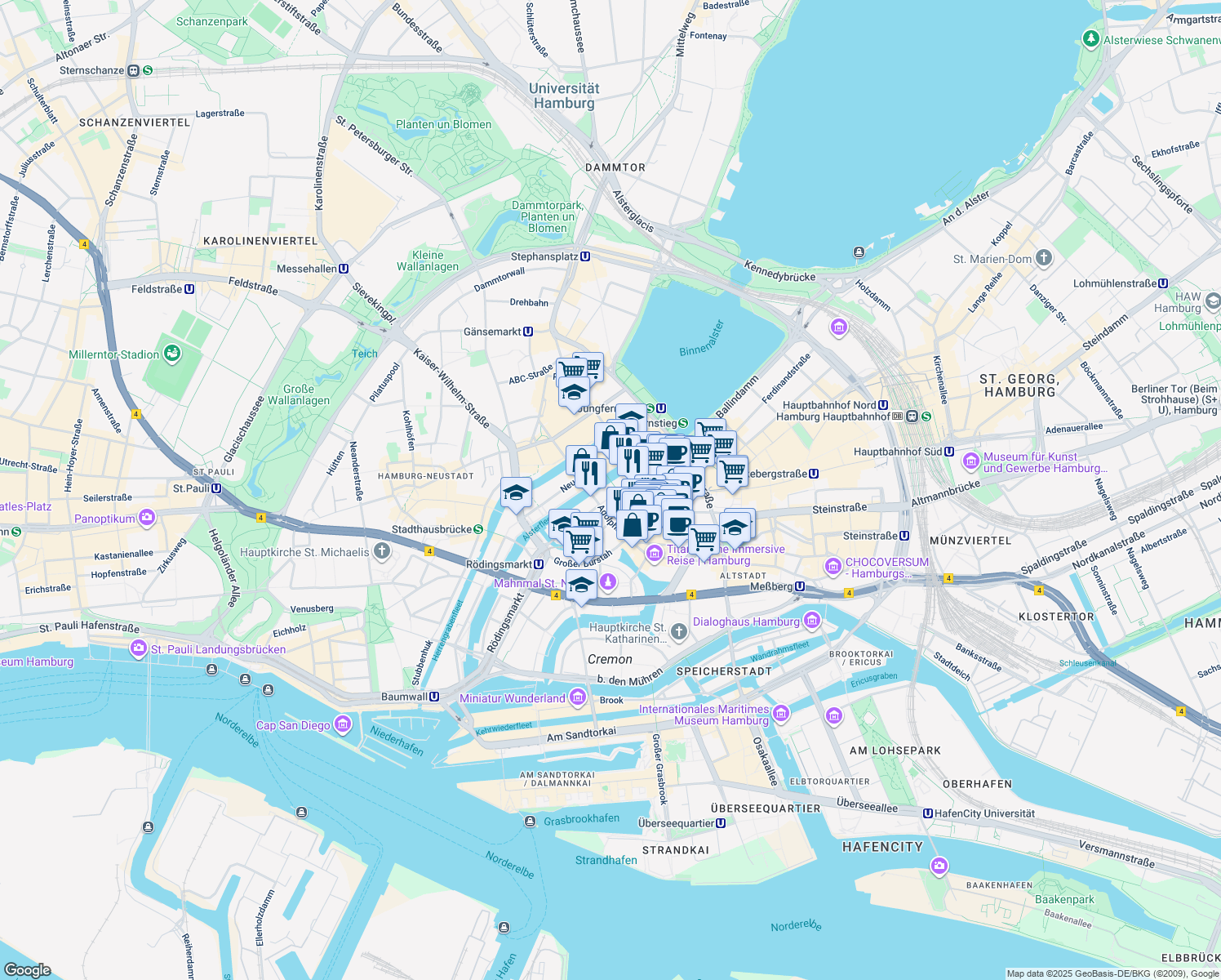 map of restaurants, bars, coffee shops, grocery stores, and more near 20 Alter Wall in Hamburg