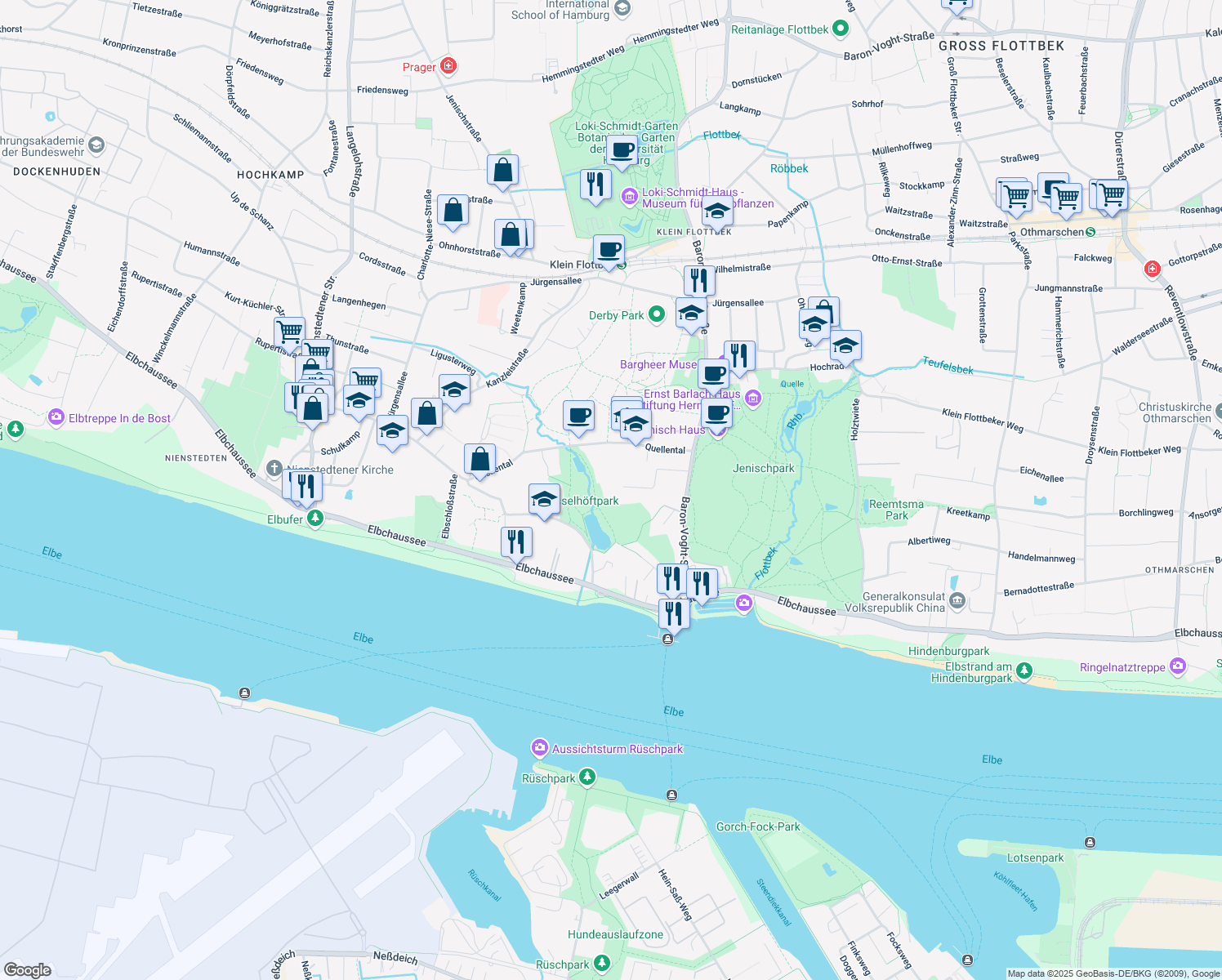 map of restaurants, bars, coffee shops, grocery stores, and more near 19 Nettelhof in Hamburg