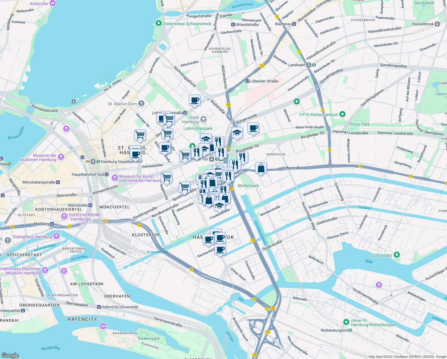 map of restaurants, bars, coffee shops, grocery stores, and more near 218 Spaldingstraße in Hamburg