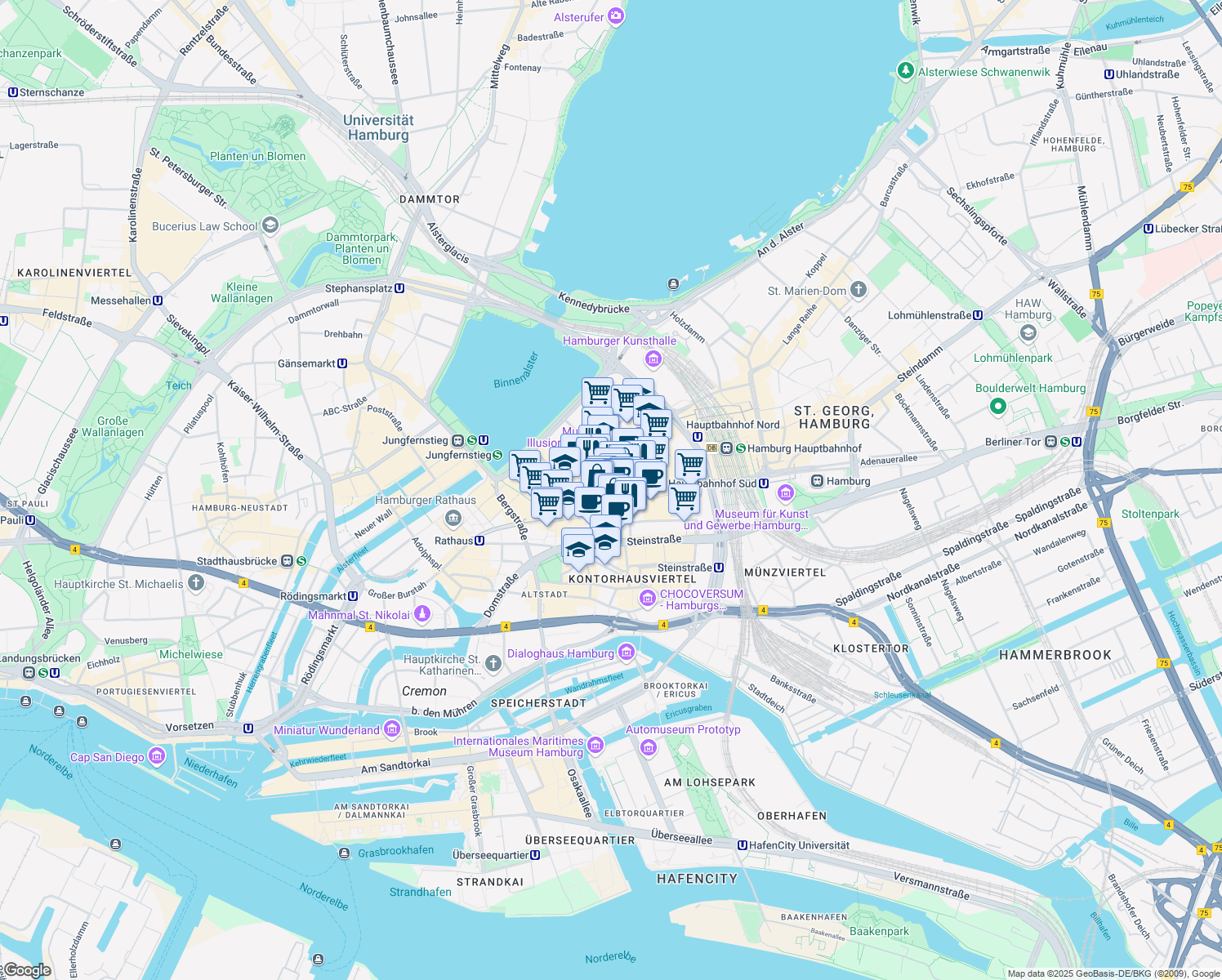 map of restaurants, bars, coffee shops, grocery stores, and more near 22 Spitalerstraße in Hamburg