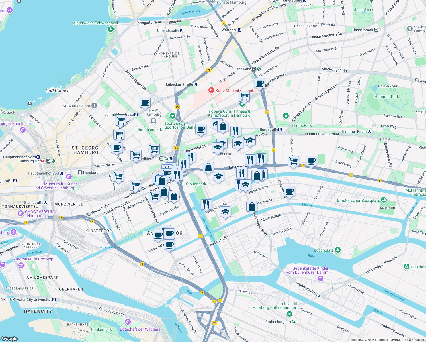 map of restaurants, bars, coffee shops, grocery stores, and more near 16 Eiffestraße in Hamburg