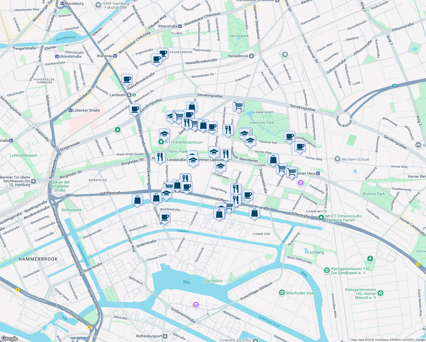 map of restaurants, bars, coffee shops, grocery stores, and more near 9-11 Luisenweg in Hamburg