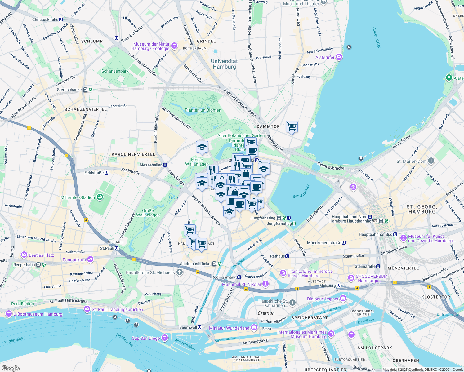map of restaurants, bars, coffee shops, grocery stores, and more near 90 Valentinskamp in Hamburg