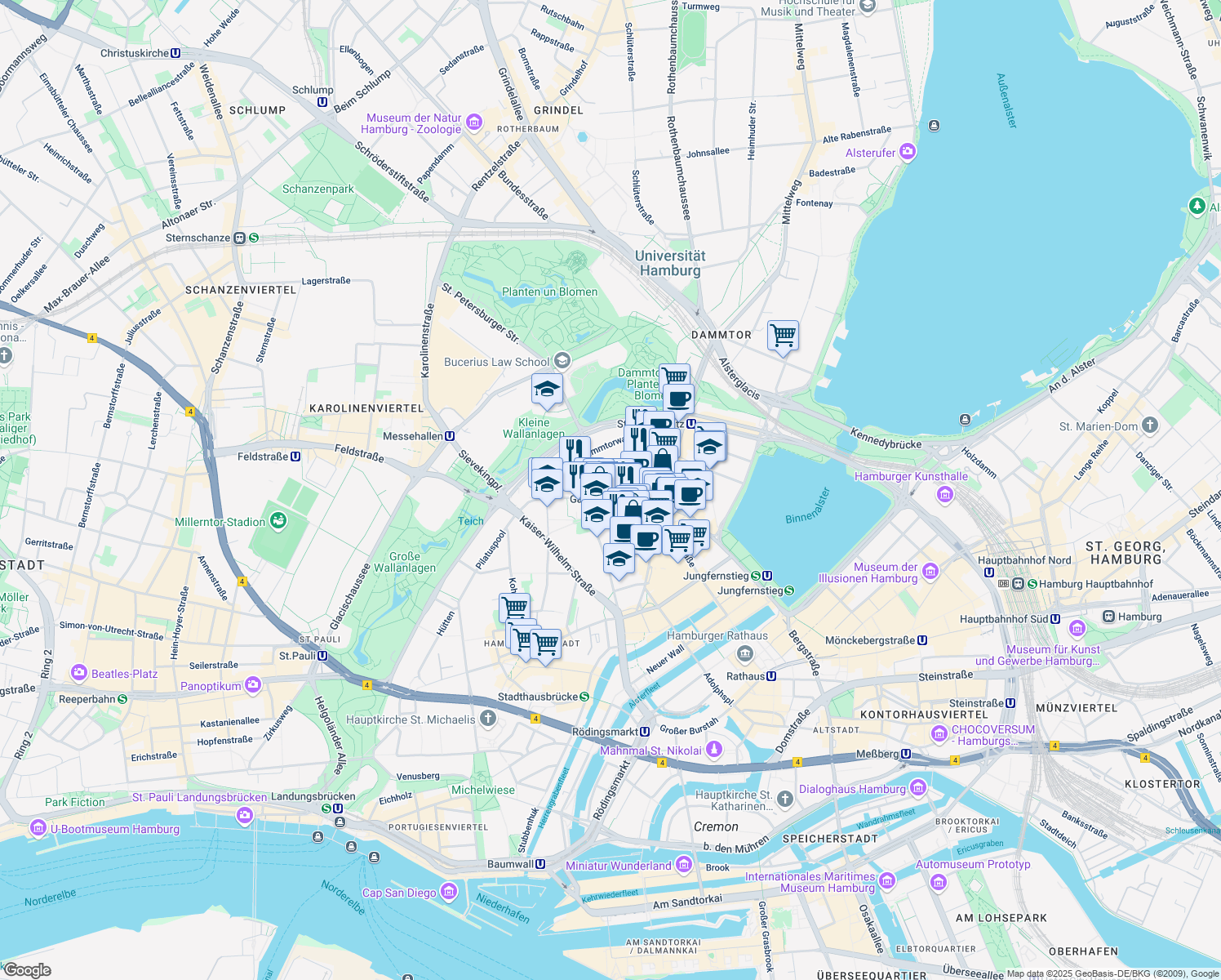 map of restaurants, bars, coffee shops, grocery stores, and more near 90 Valentinskamp in Hamburg