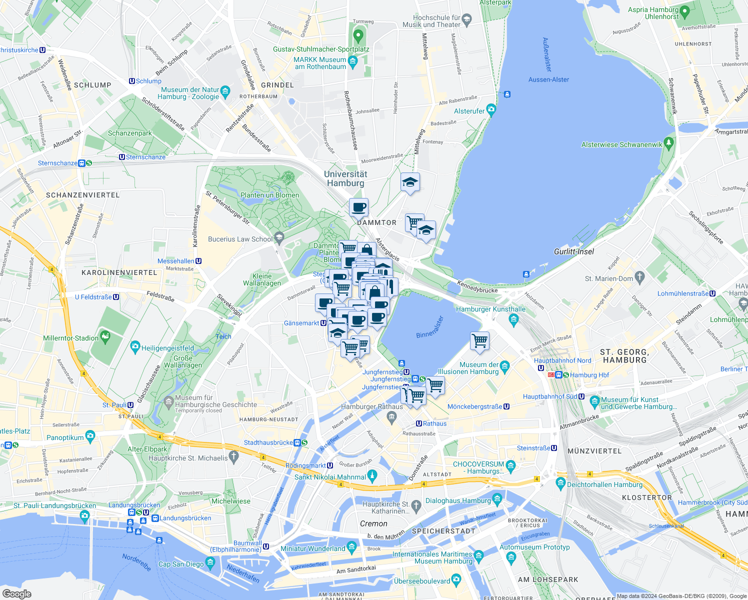 map of restaurants, bars, coffee shops, grocery stores, and more near 42 Große Theaterstraße in Hamburg