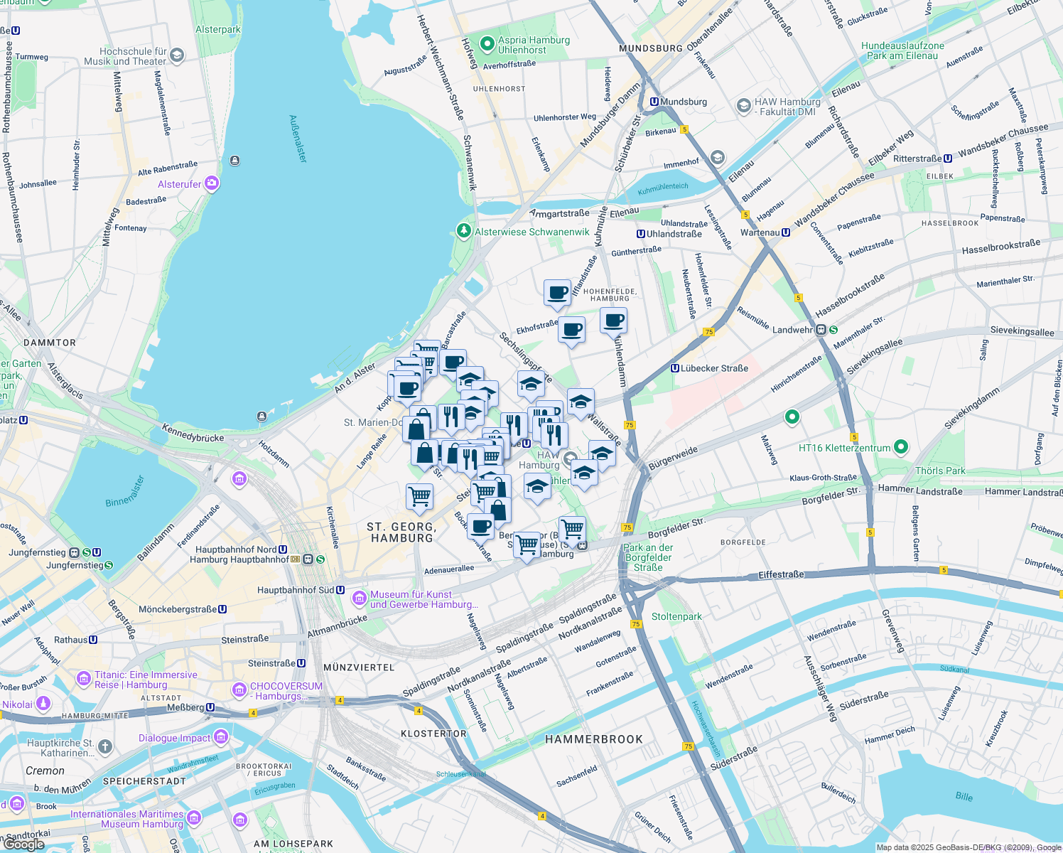 map of restaurants, bars, coffee shops, grocery stores, and more near 1 Lübeckertordamm in Hamburg