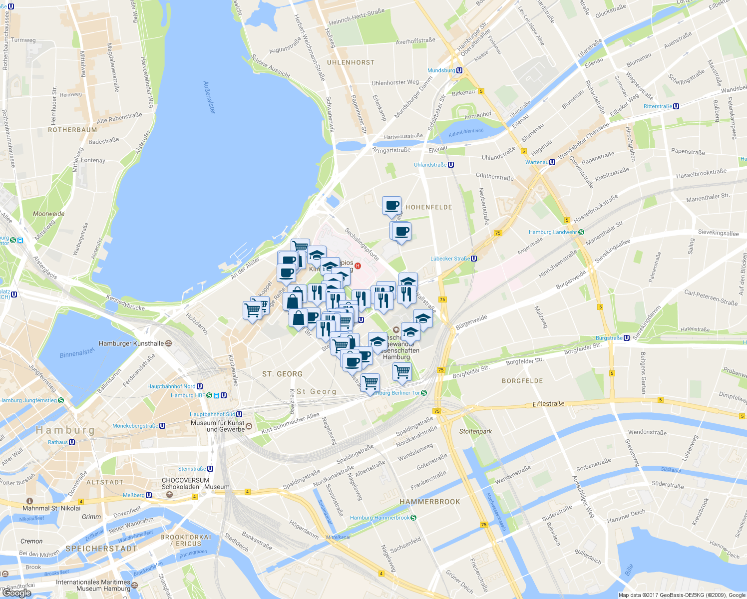 map of restaurants, bars, coffee shops, grocery stores, and more near 1 Lübeckertordamm in Hamburg