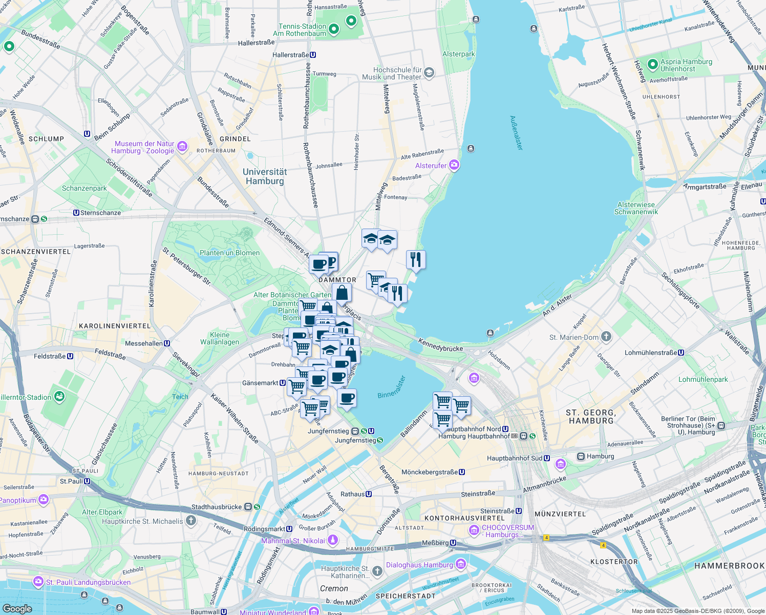 map of restaurants, bars, coffee shops, grocery stores, and more near 1 Alsterufer in Hamburg