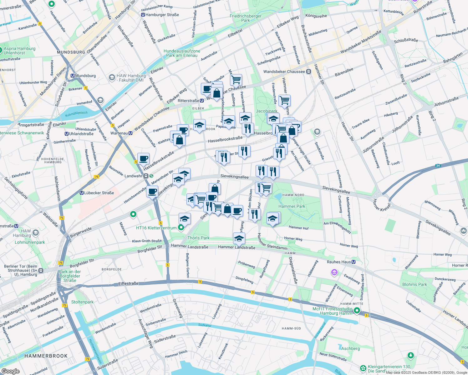 map of restaurants, bars, coffee shops, grocery stores, and more near 37A Stoeckhardtstraße in Hamburg